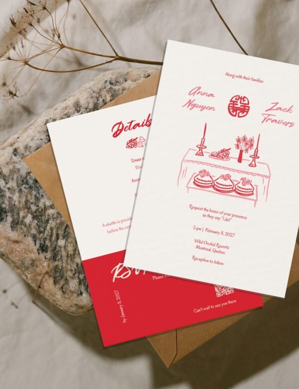 red vietnamese ancestor altar wedding ceremony double sided wedding invitation with rsvp and detail card