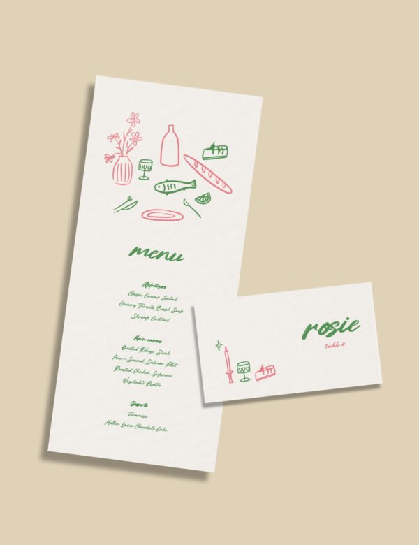 whimsical silly doodle menu and place card escort card template by munikoz