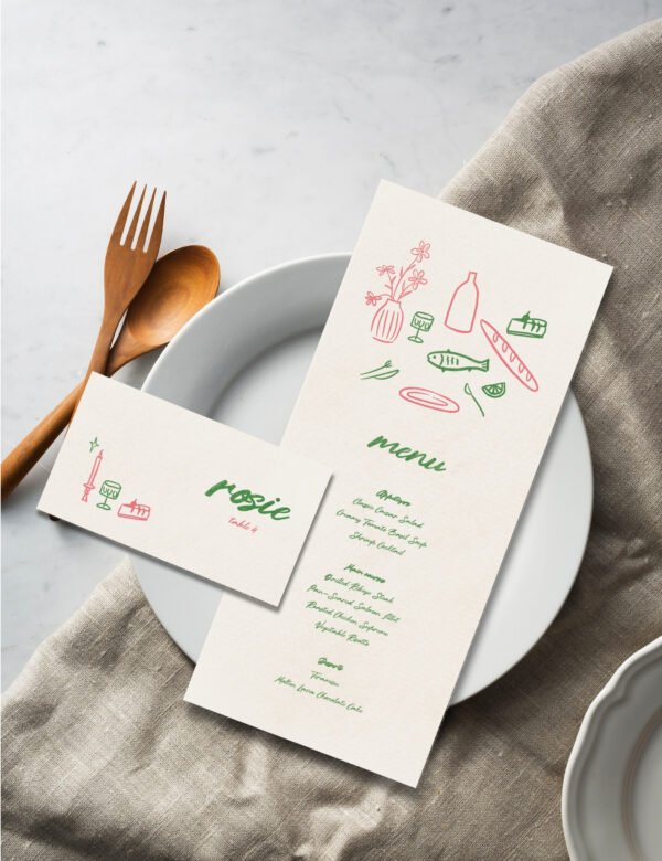 whimsical silly doodle menu and place card escort card template by munikoz