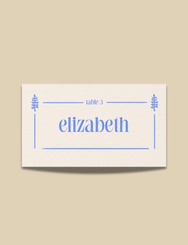 place card with hand drawn pine tree illustration by munikoz for canada destination wedding