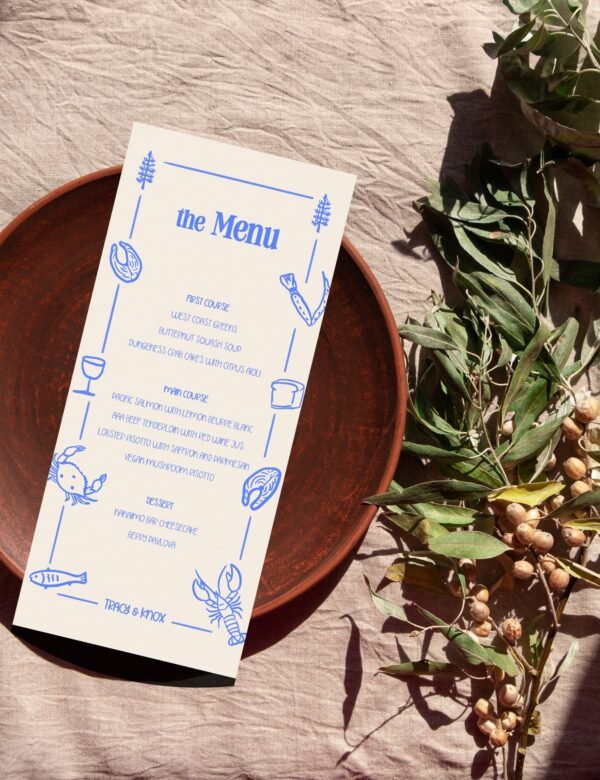 seafoods menu card with hand drawn pine tree illustration by munikoz for canada destination wedding