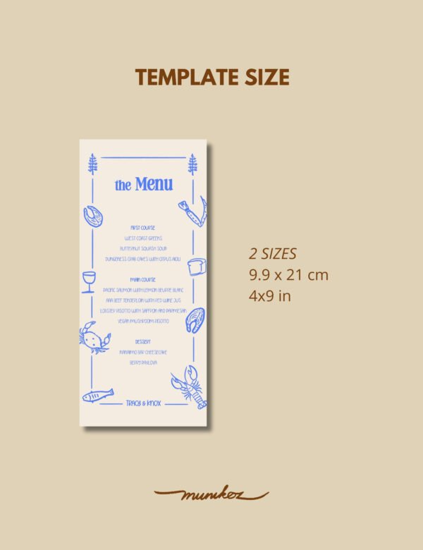 hand drawn pine tree and seafoods menu card and place card template by munikoz for canada destination wedding