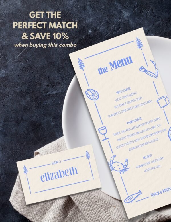 seafoods menu card with hand drawn pine tree illustration by munikoz for canada destination wedding
