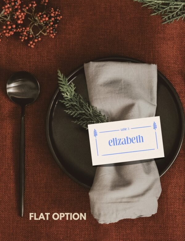 place card with hand drawn pine tree illustration by munikoz for canada destination wedding