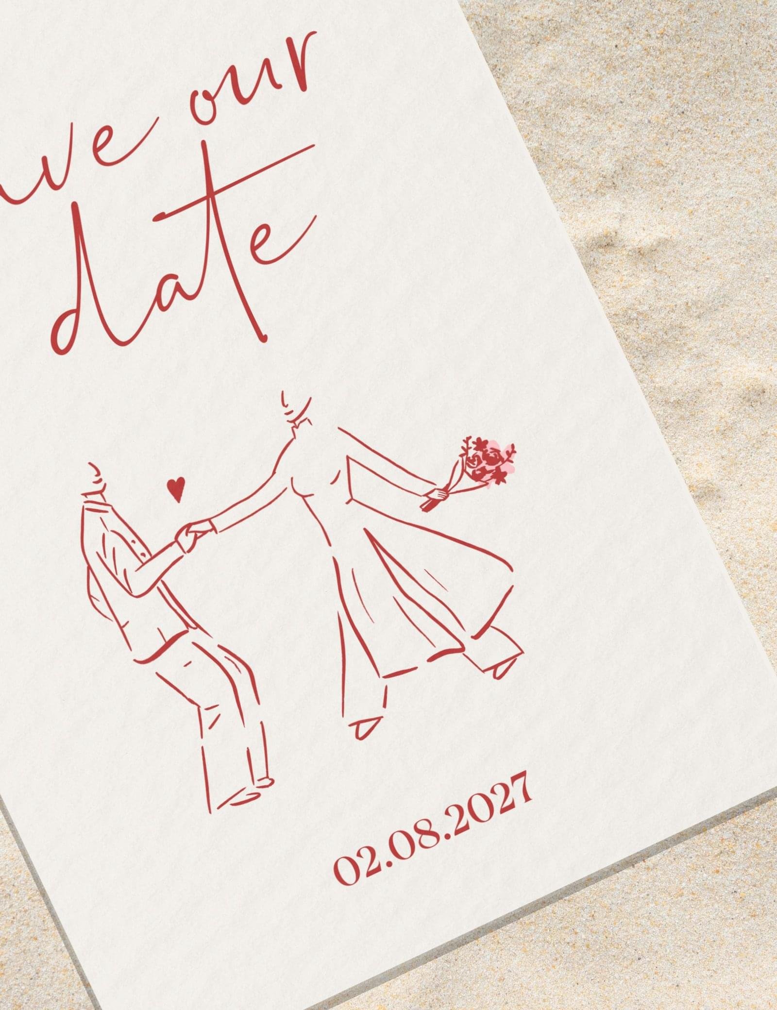 vietnamese bride dancing in ao dai illustration on save the date template