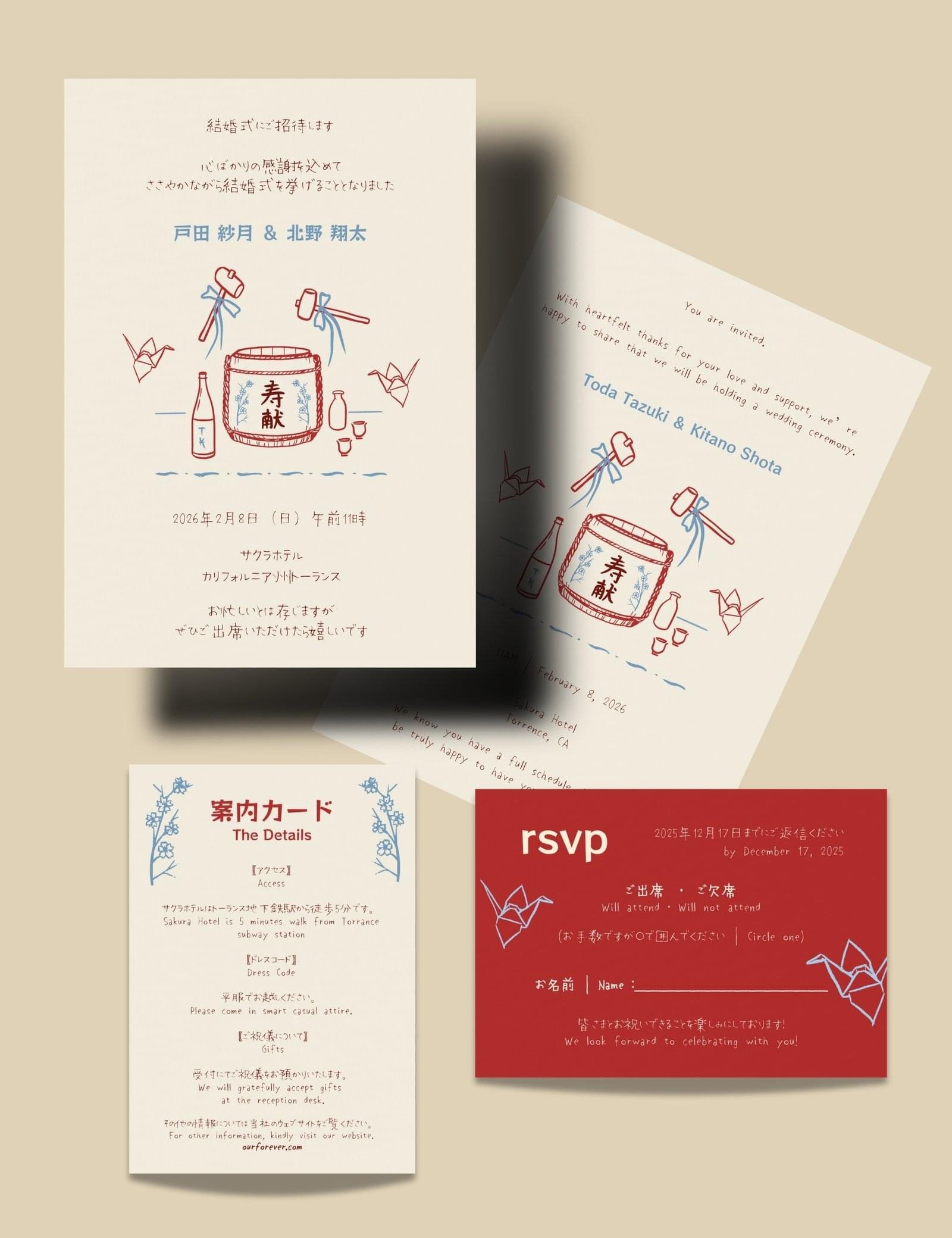 Japanese English wedding invitation template Hand drawn Japanese tradition inspired Bilingual Japanese wedding welcome sign Kagami Biraki by munikoz