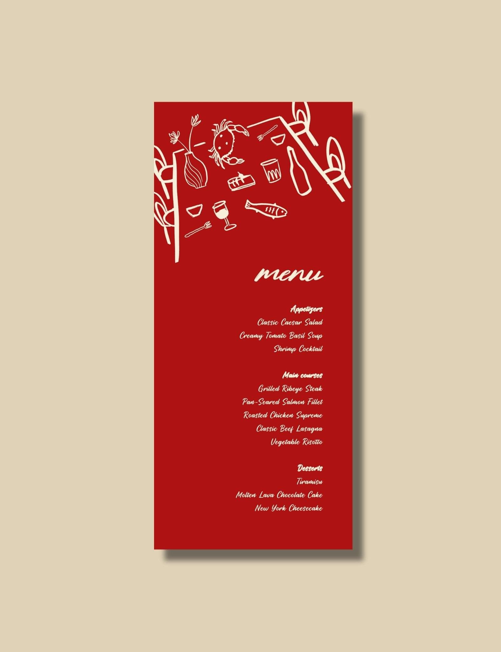 bold red hand drawn whimsical illustration on menu card template by munikoz