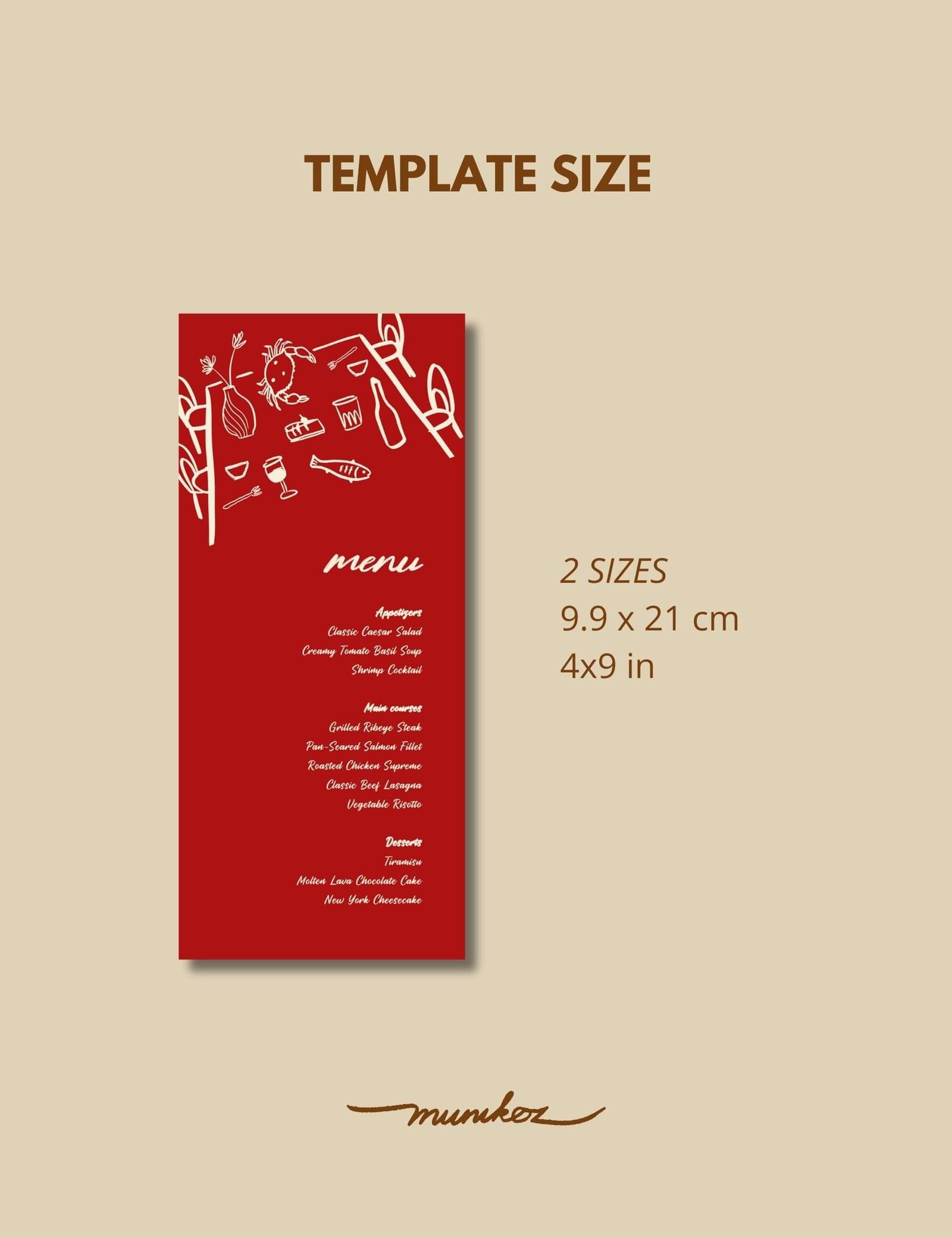bold red hand drawn whimsical illustration on menu card template by munikoz