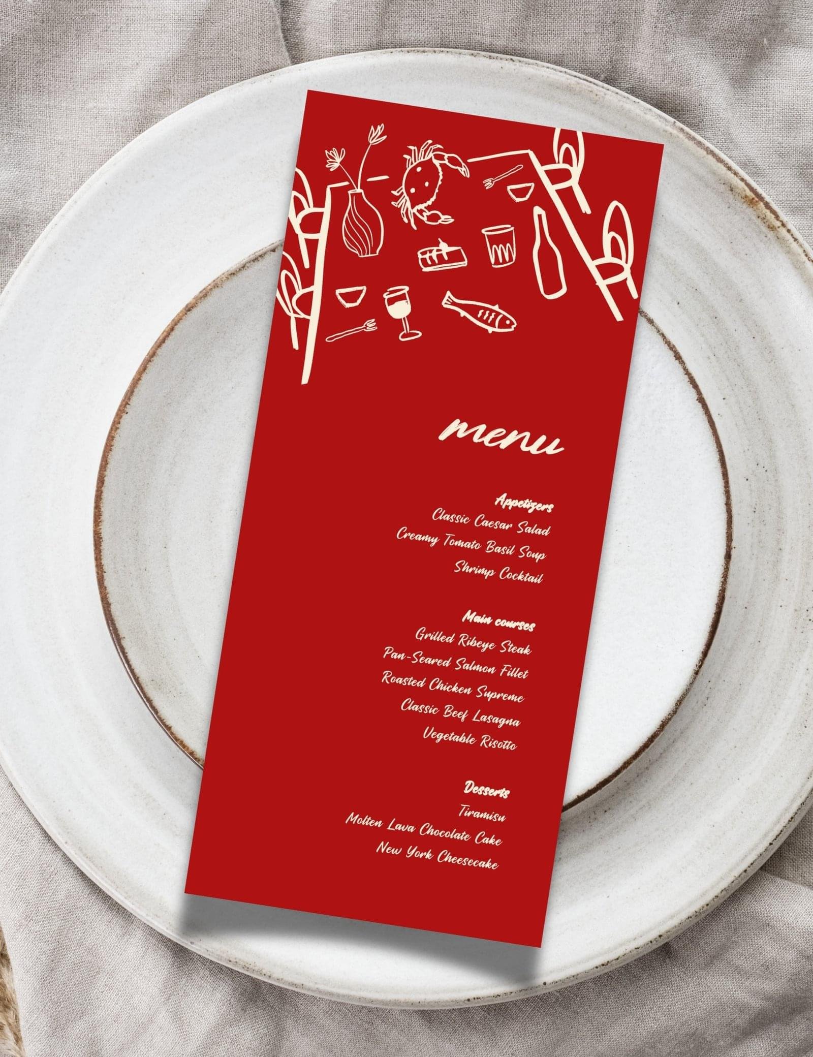 bold red hand drawn whimsical illustration on menu card template by munikoz