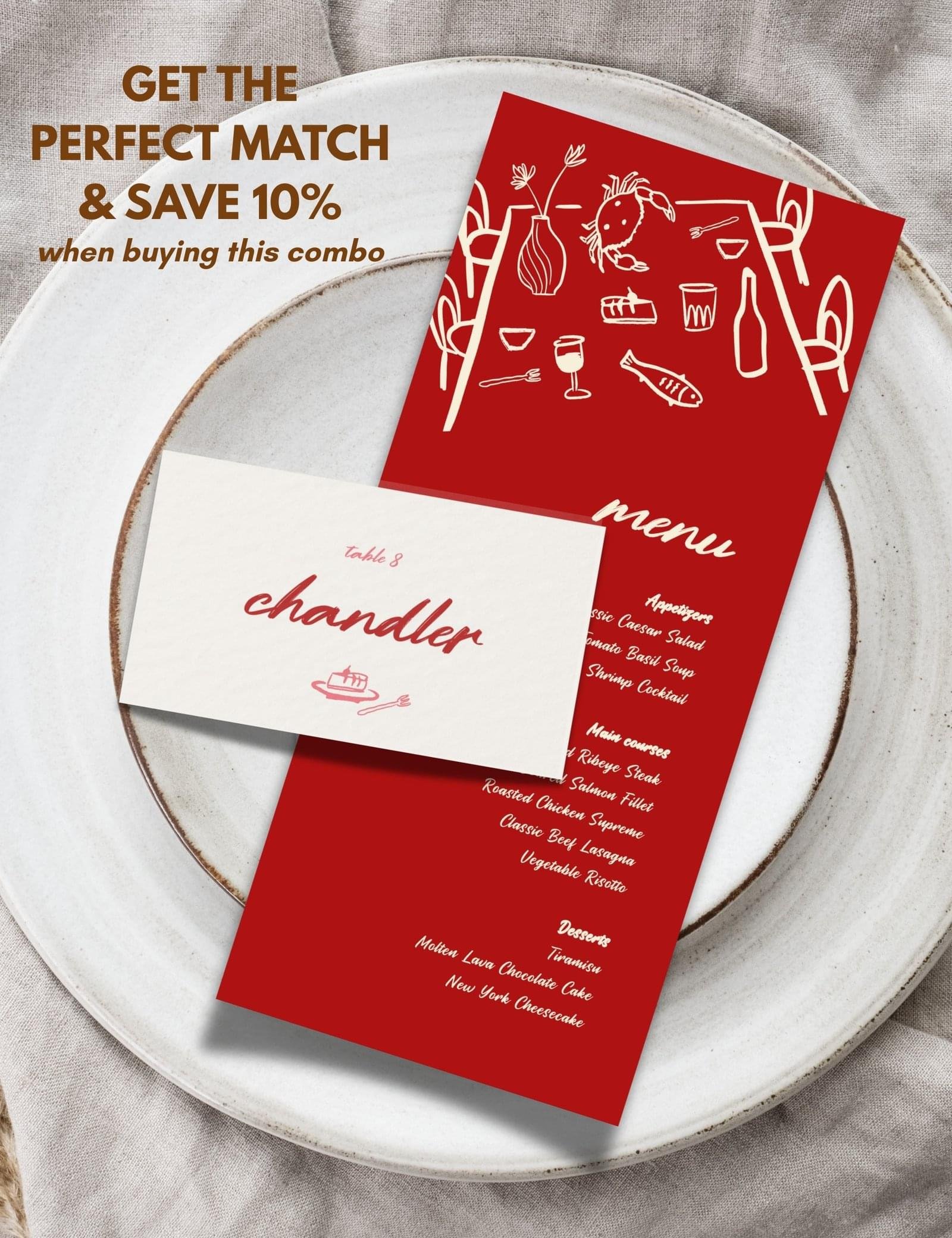 bold red hand drawn whimsical illustration on menu and place card template by munikoz