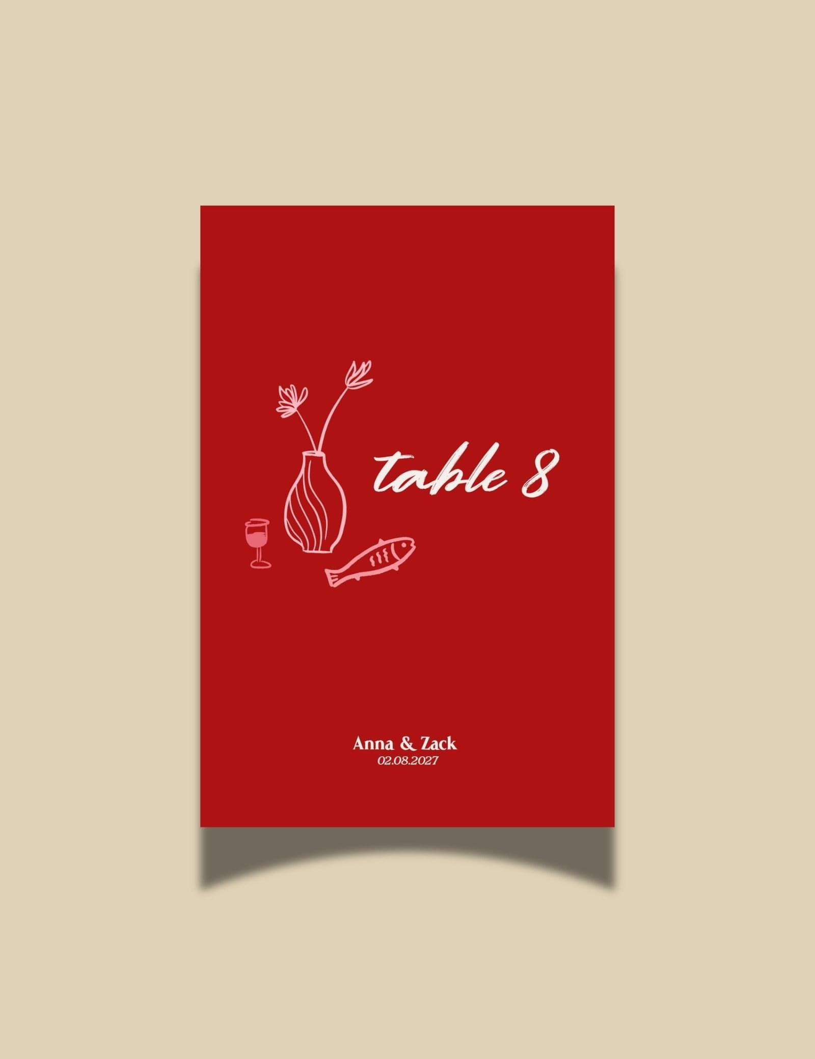 bold red hand drawn whimsical illustration on table number card template by munikoz