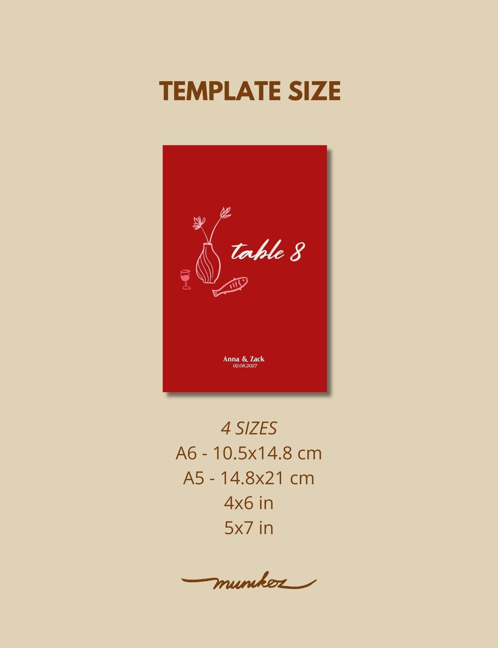 bold red hand drawn whimsical illustration on table number card template by munikoz