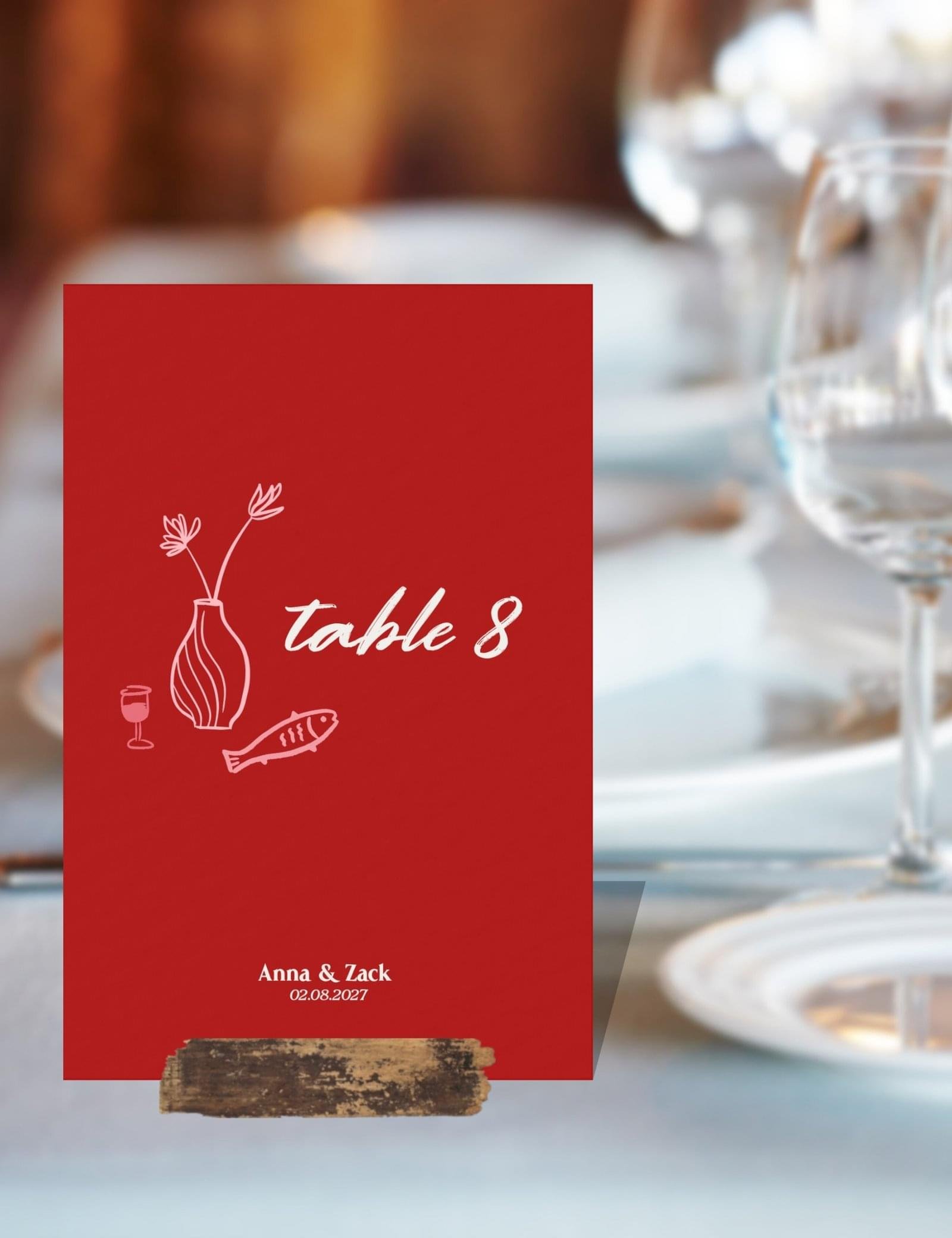 bold red hand drawn whimsical illustration on table number card template by munikoz