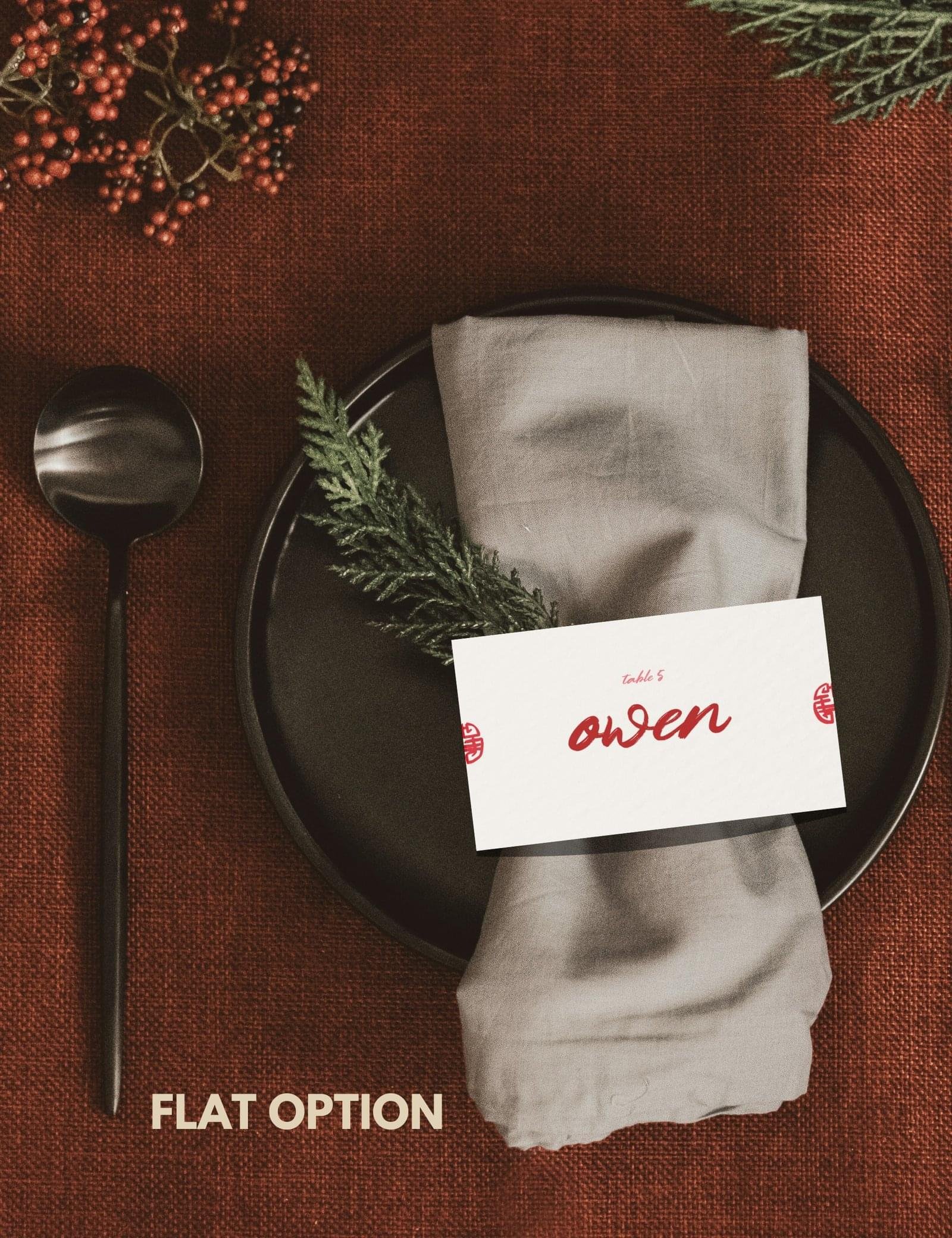 red chinese happniess doodle illustration on place name card on wedding table by Munikoz