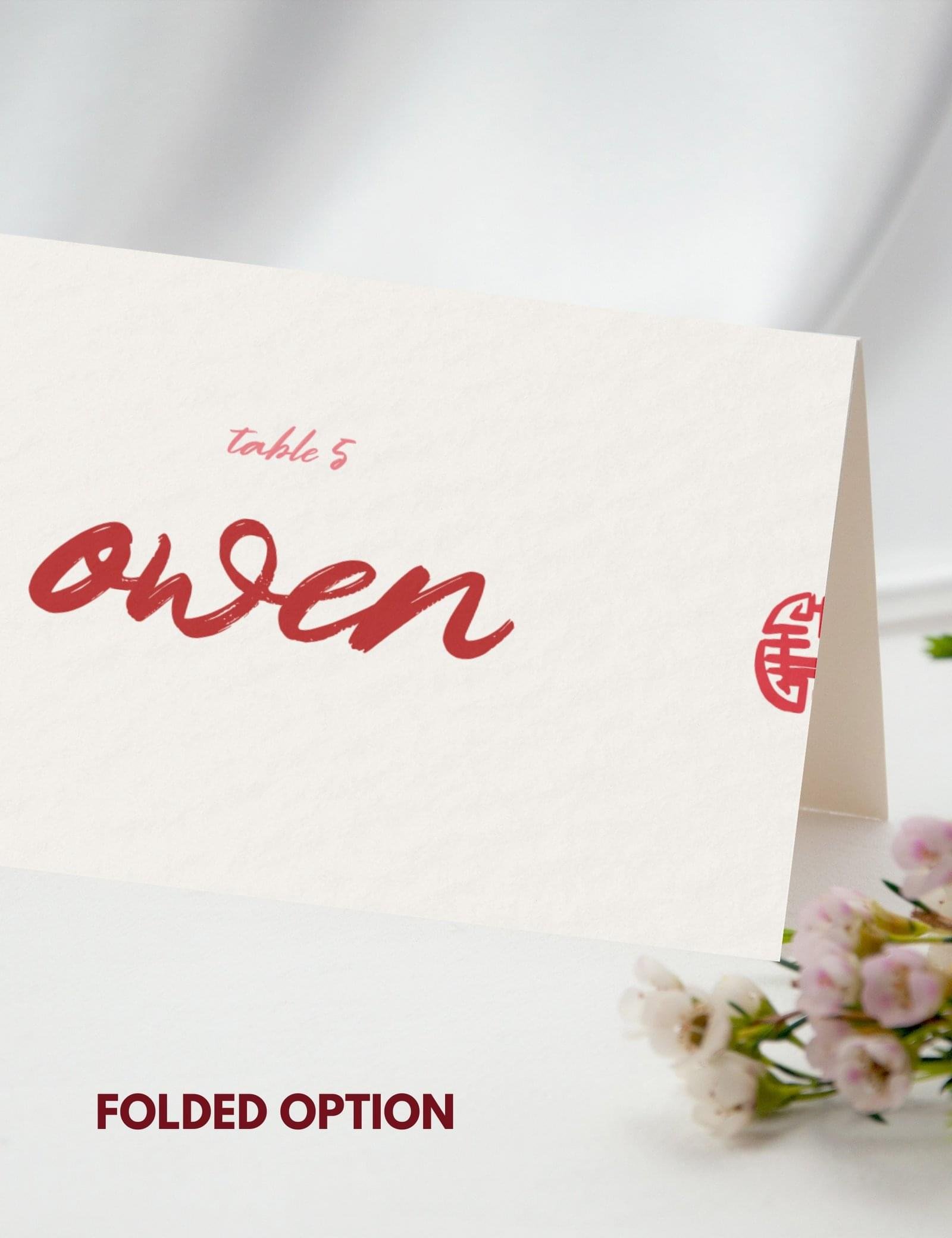 folded place card with chinese happiness hand drawn