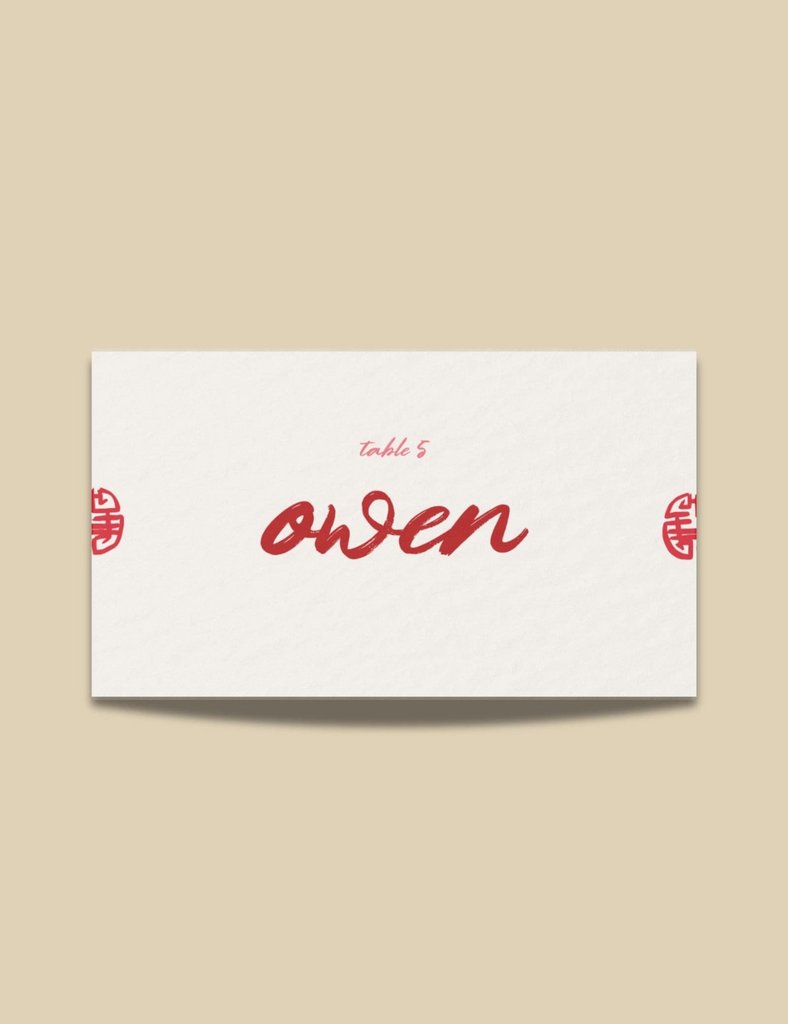 red chinese happniess doodle illustration on place name card on wedding table Vietnamese wedding by Munikoz