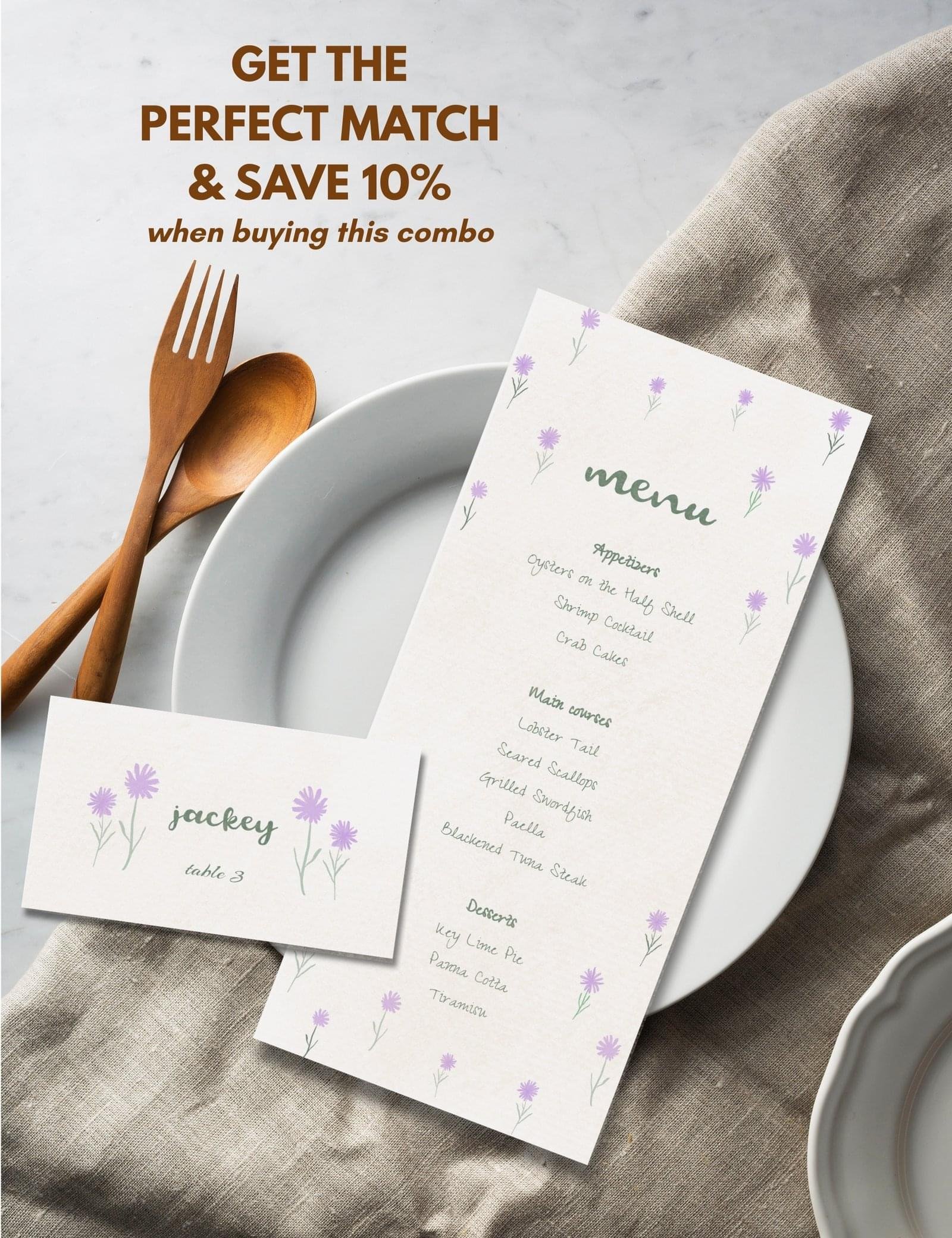 flying purple wild flower menu card and place card template by munikoz