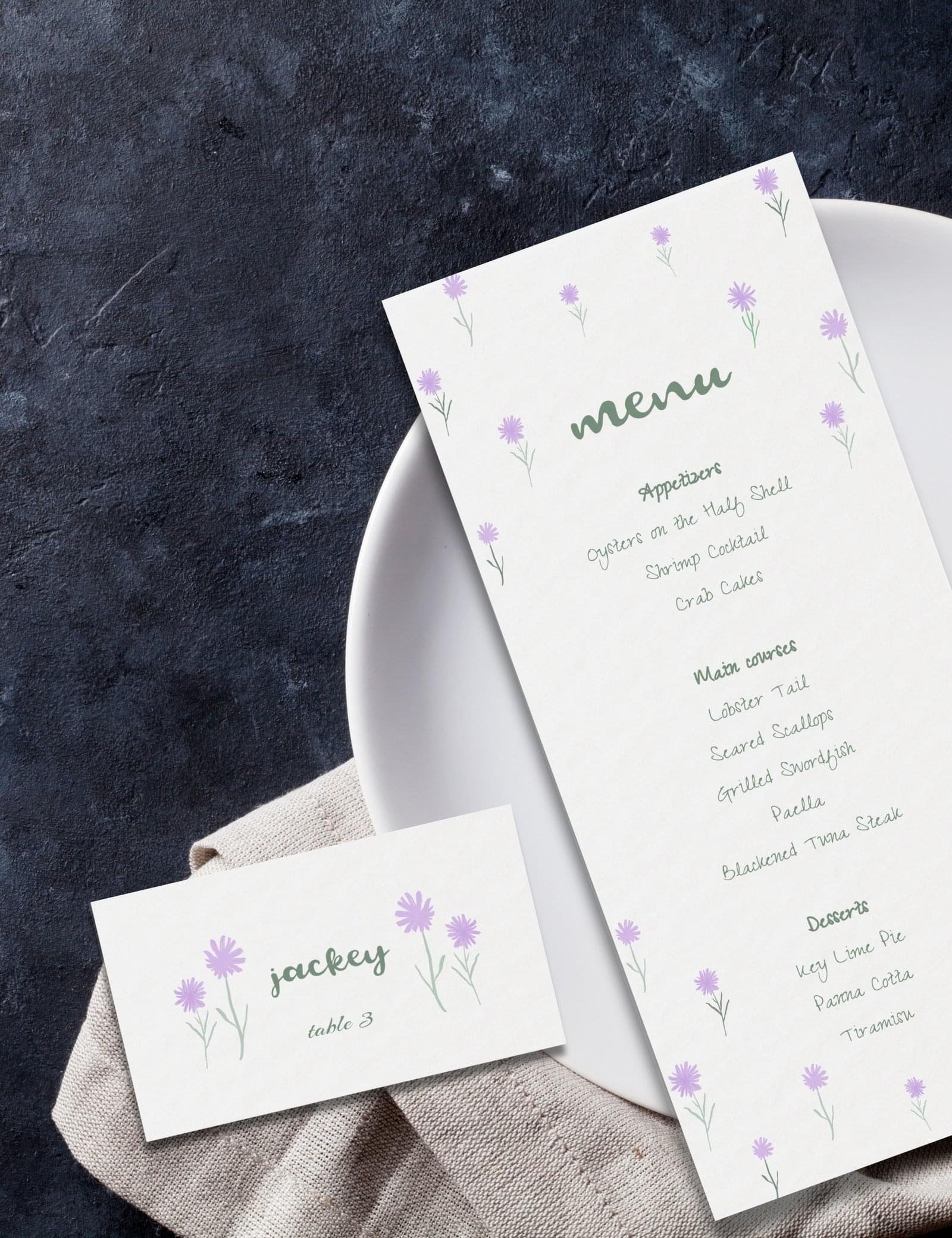 flying purple wild flower menu card and place card template by munikoz