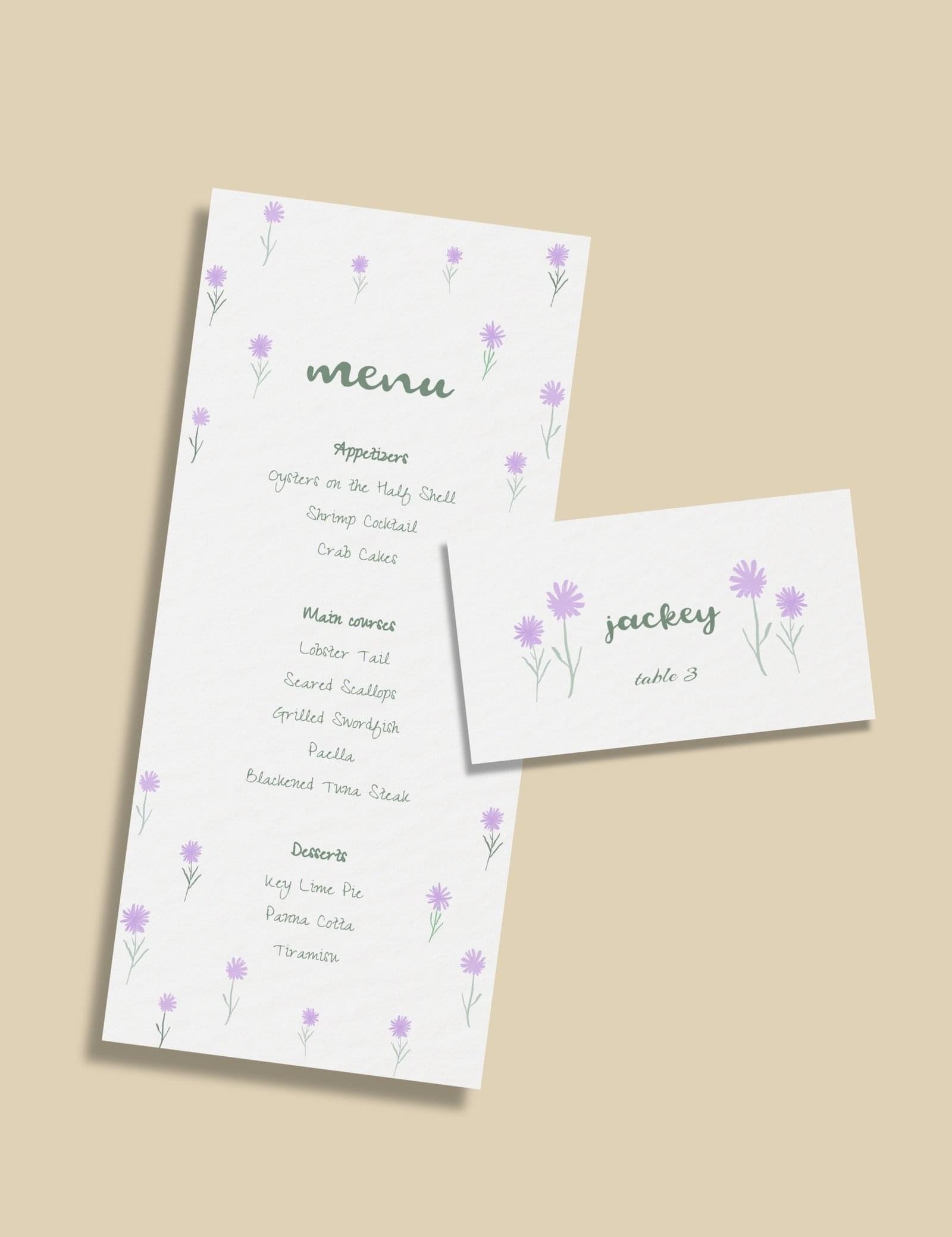 flying purple wild flower menu card and place card template by munikoz