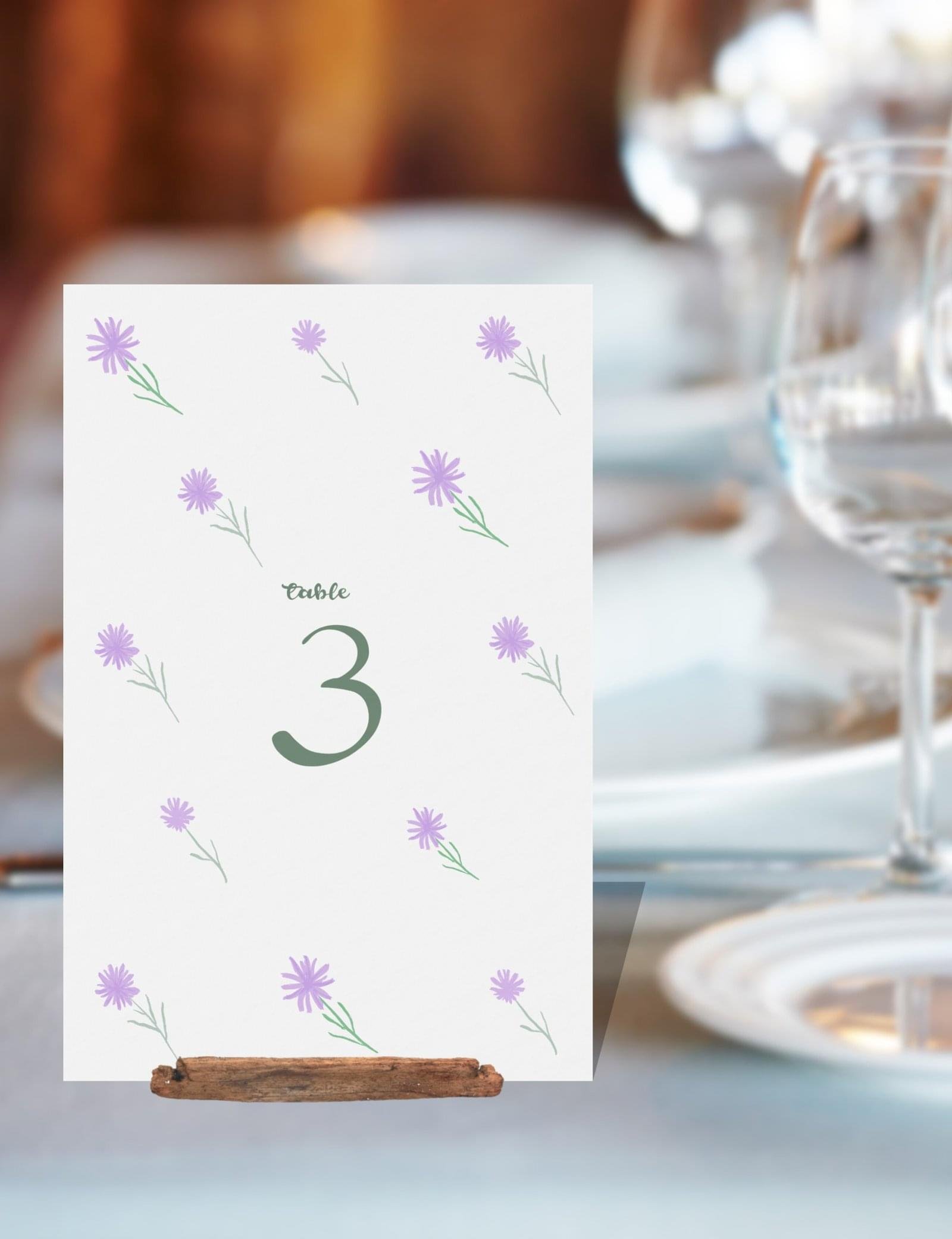 flying purple wild flower table number card template by munikoz