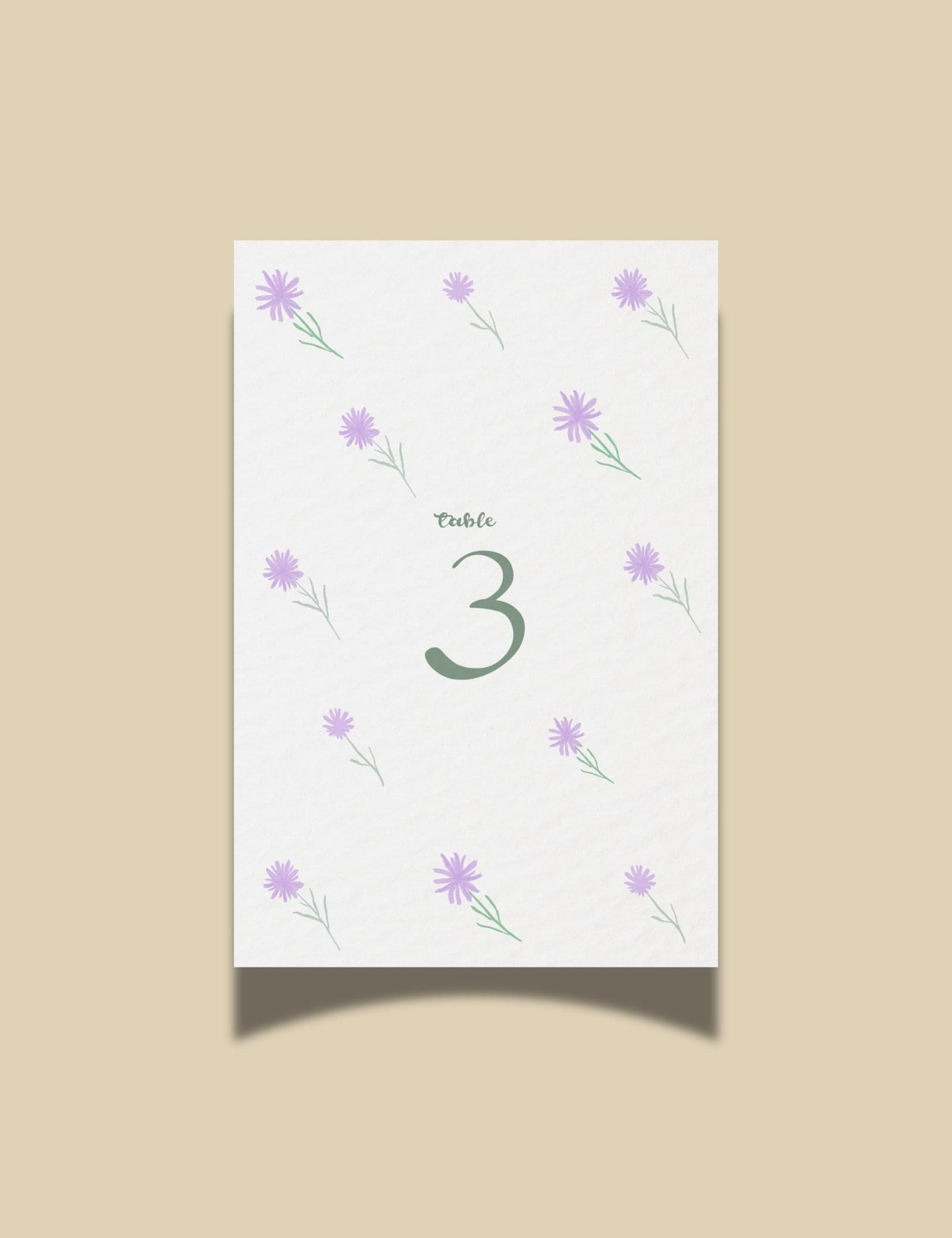 flying purple wild flower table number card template by munikoz