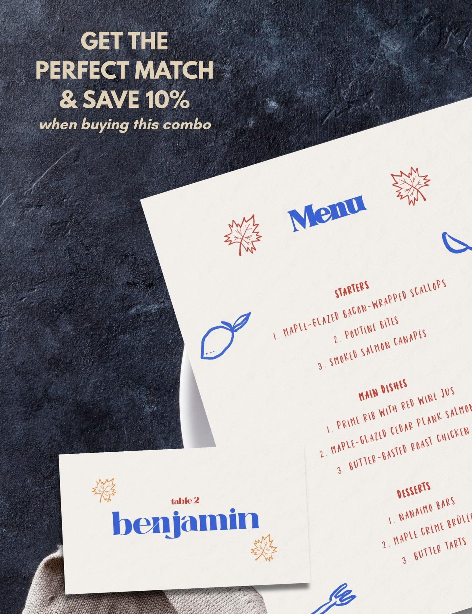menu card and place card with maple leave and dinning party items doodle