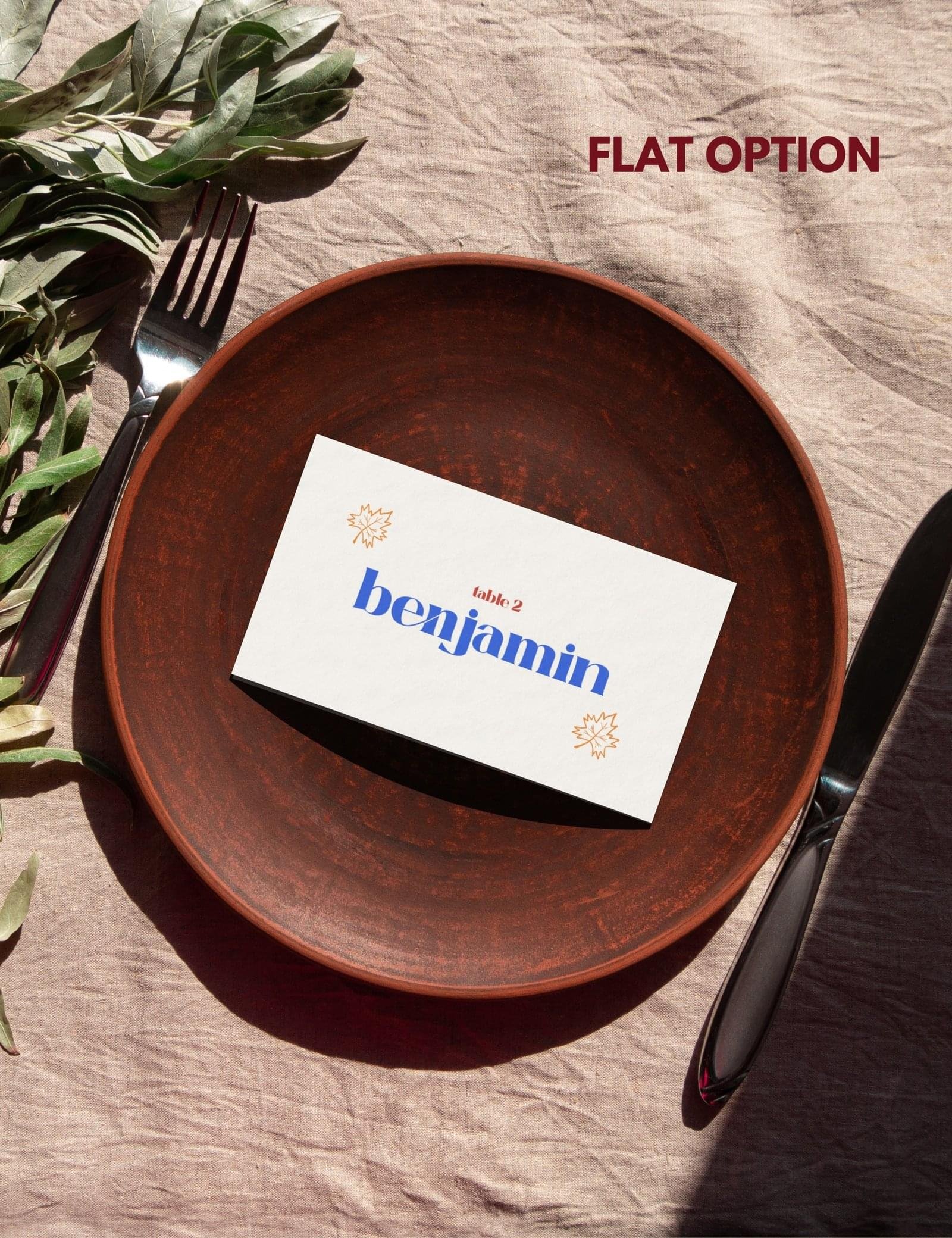 flat place card with maple leave and dinning party items doodle