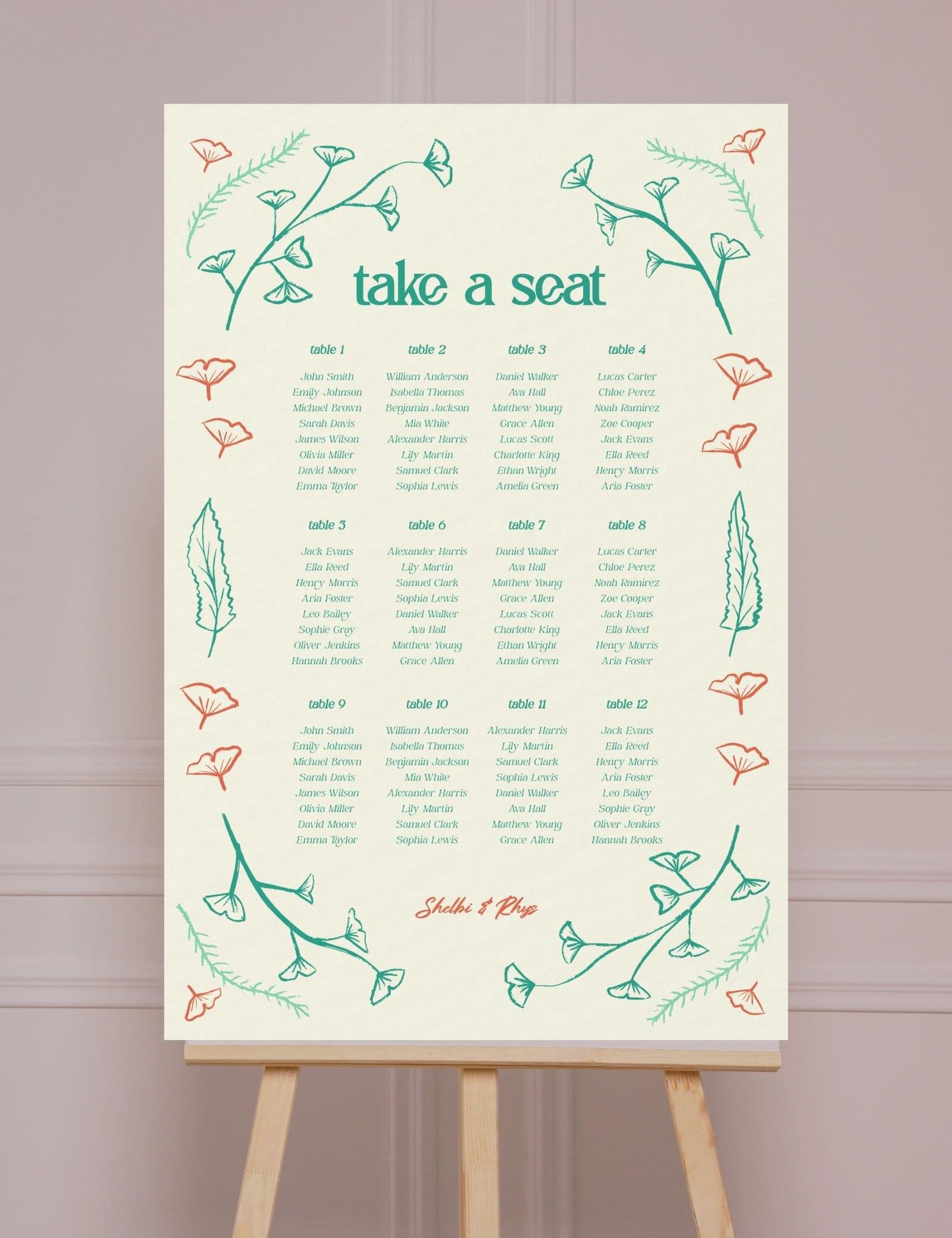 hand drawn vintage ginkgo illustration 12 table seating chart template set by munikoz