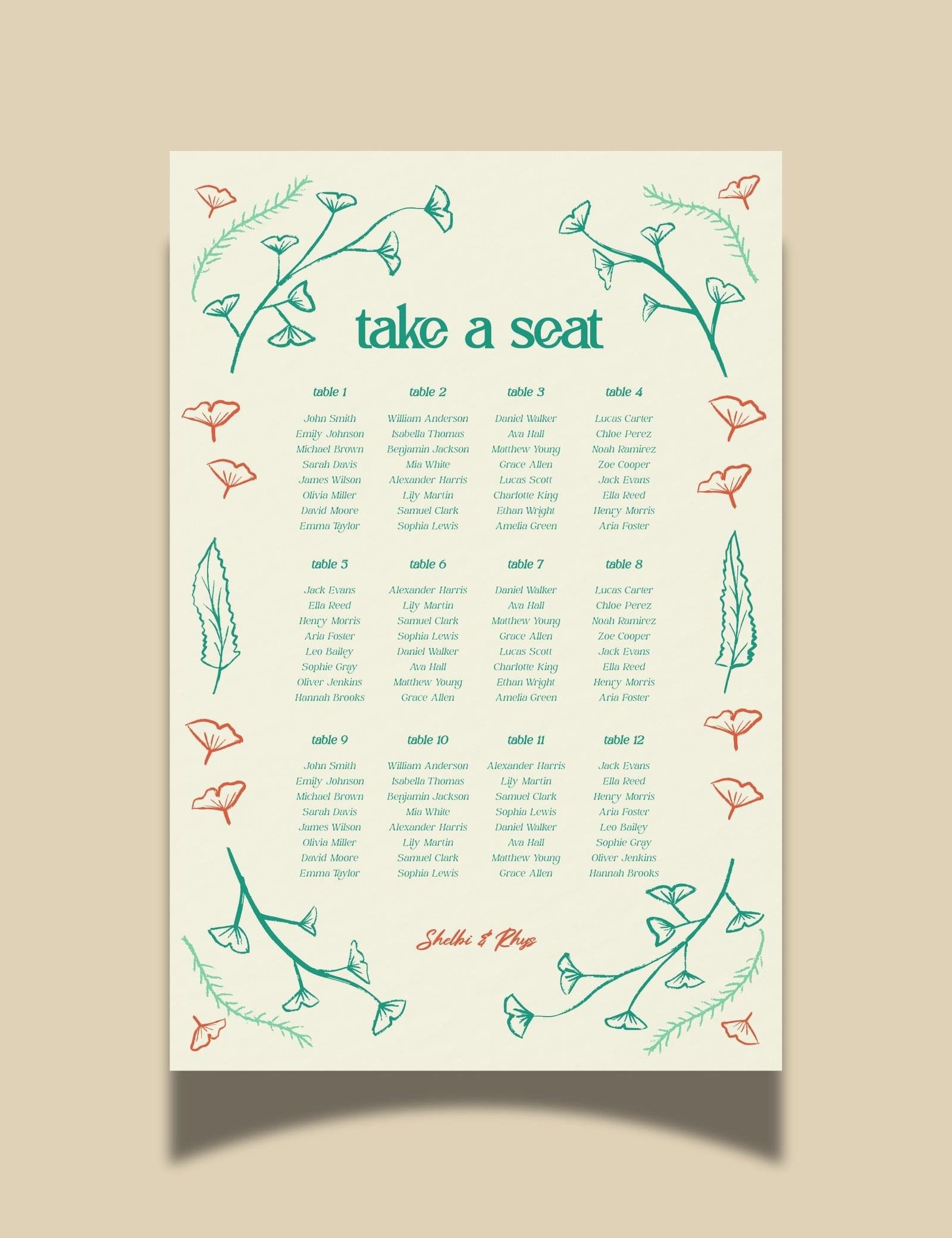 hand drawn vintage ginkgo illustration 12 table seating chart template set by munikoz