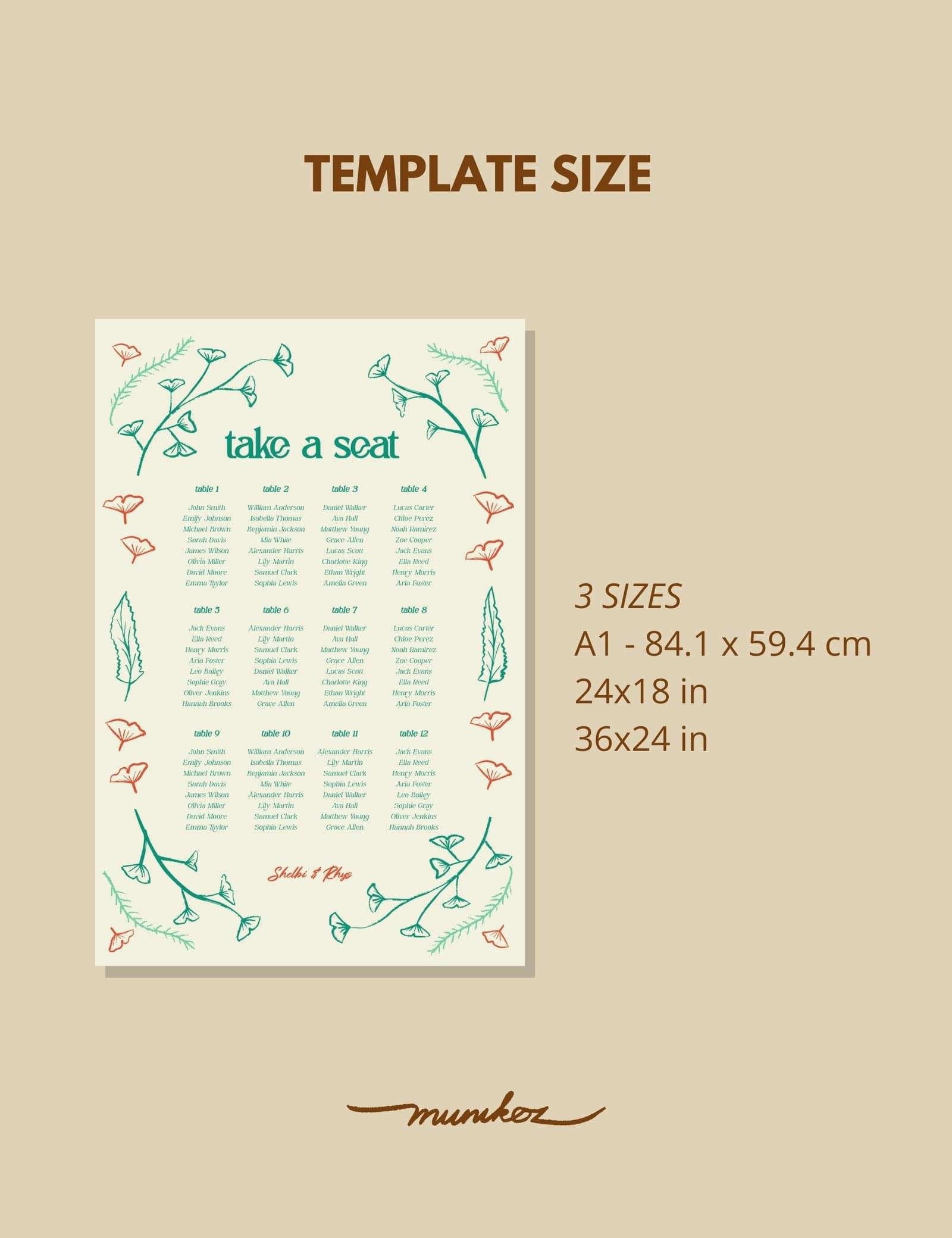 hand drawn vintage ginkgo illustration 12 table seating chart template set by munikoz
