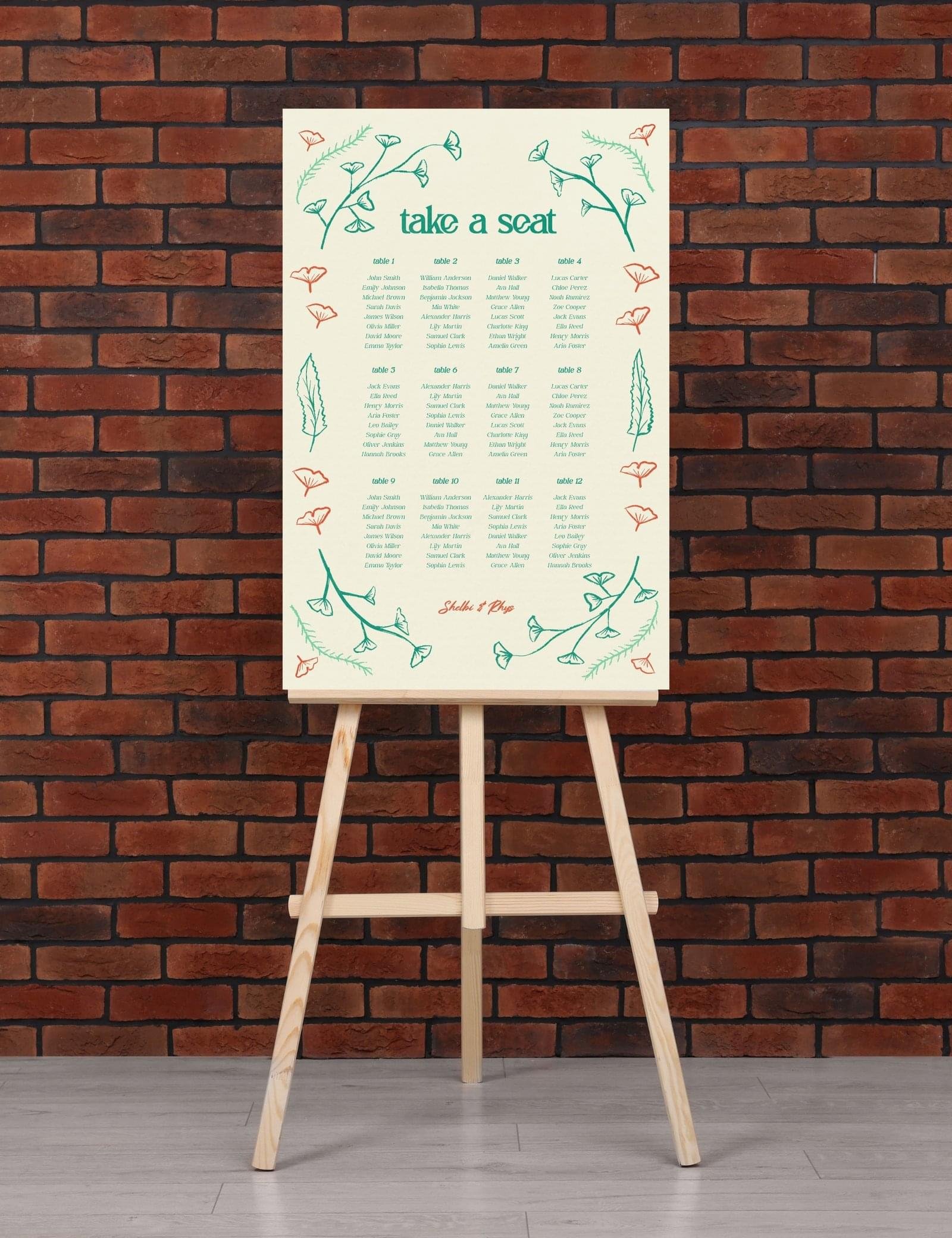 hand drawn vintage ginkgo illustration 12 table seating chart template set by munikoz