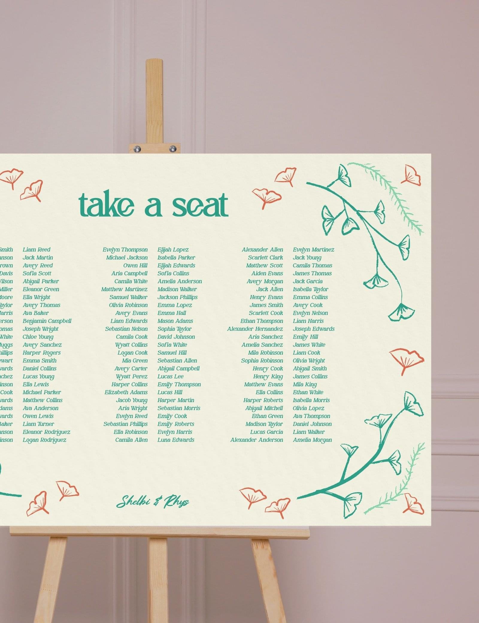 hand drawn vintage ginkgo illustration banquet style seating chart template set by munikoz