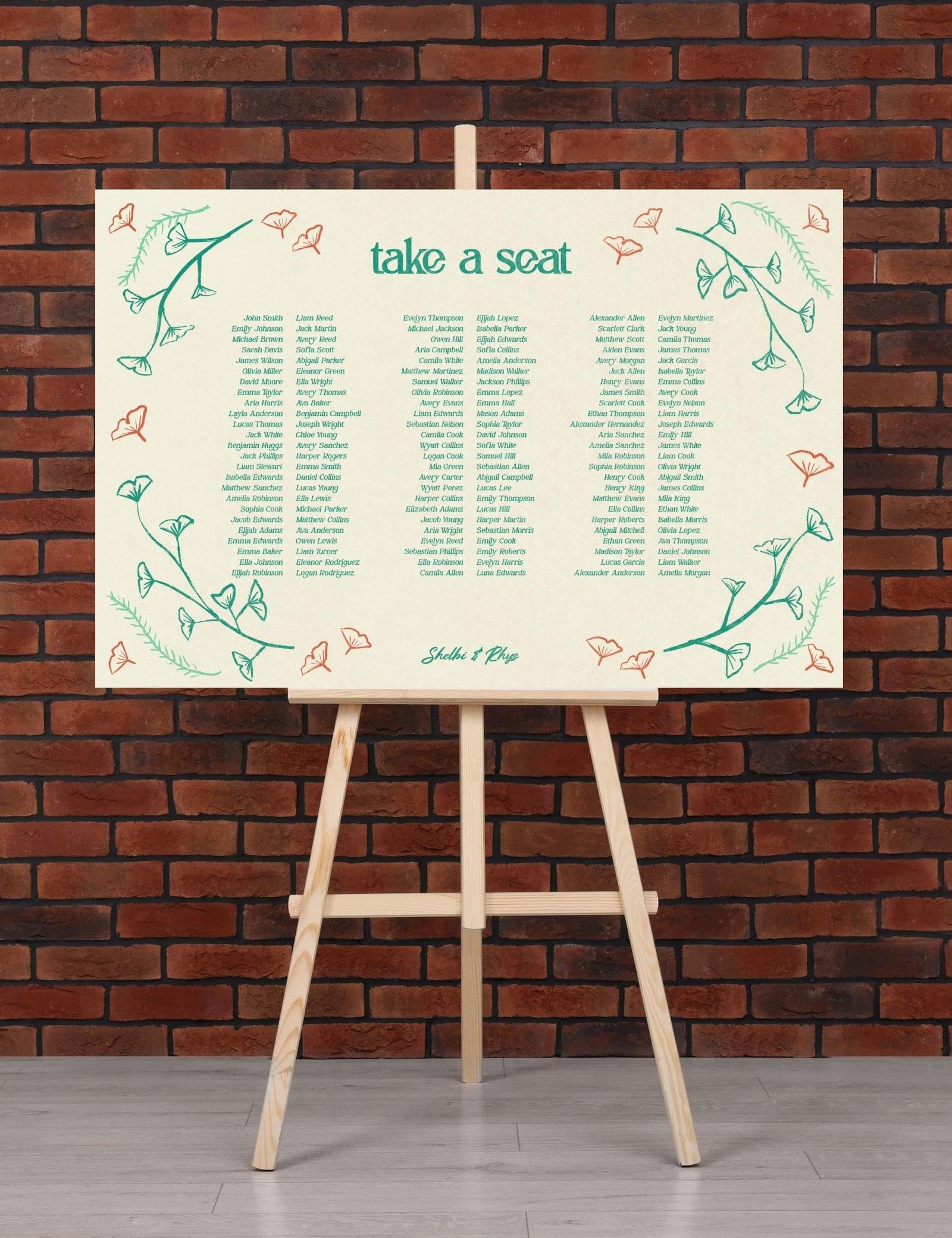 hand drawn vintage ginkgo illustration banquet style seating chart template set by munikoz