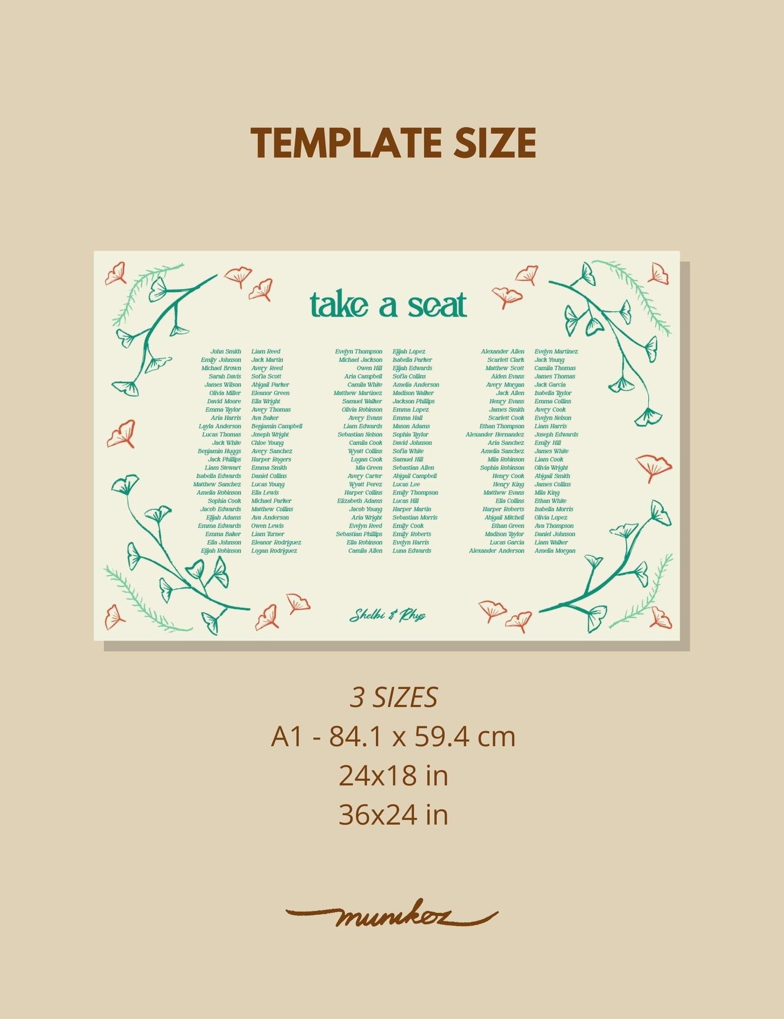 hand drawn vintage ginkgo illustration banquet style seating chart template set by munikoz