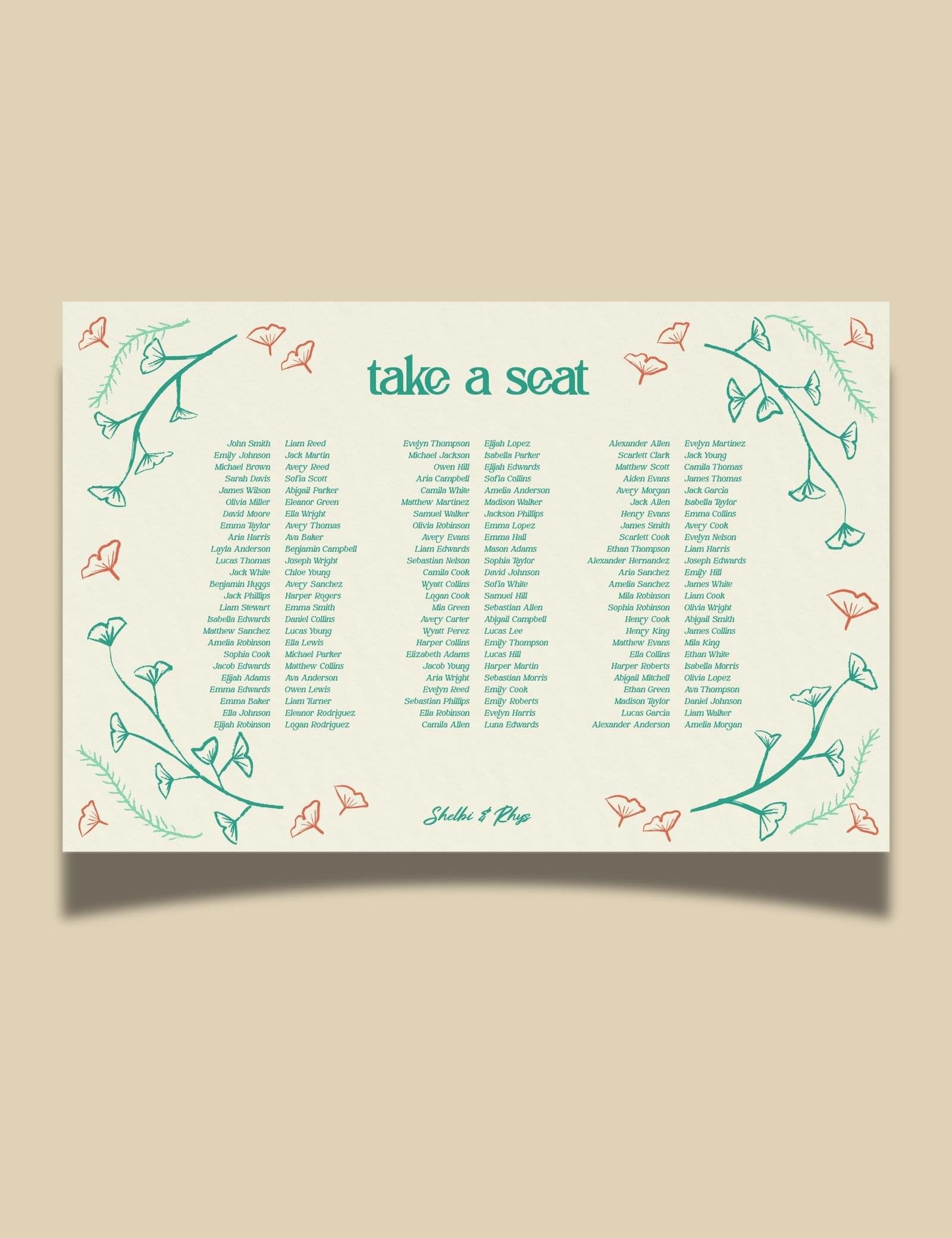 hand drawn vintage ginkgo illustration banquet style seating chart template set by munikoz