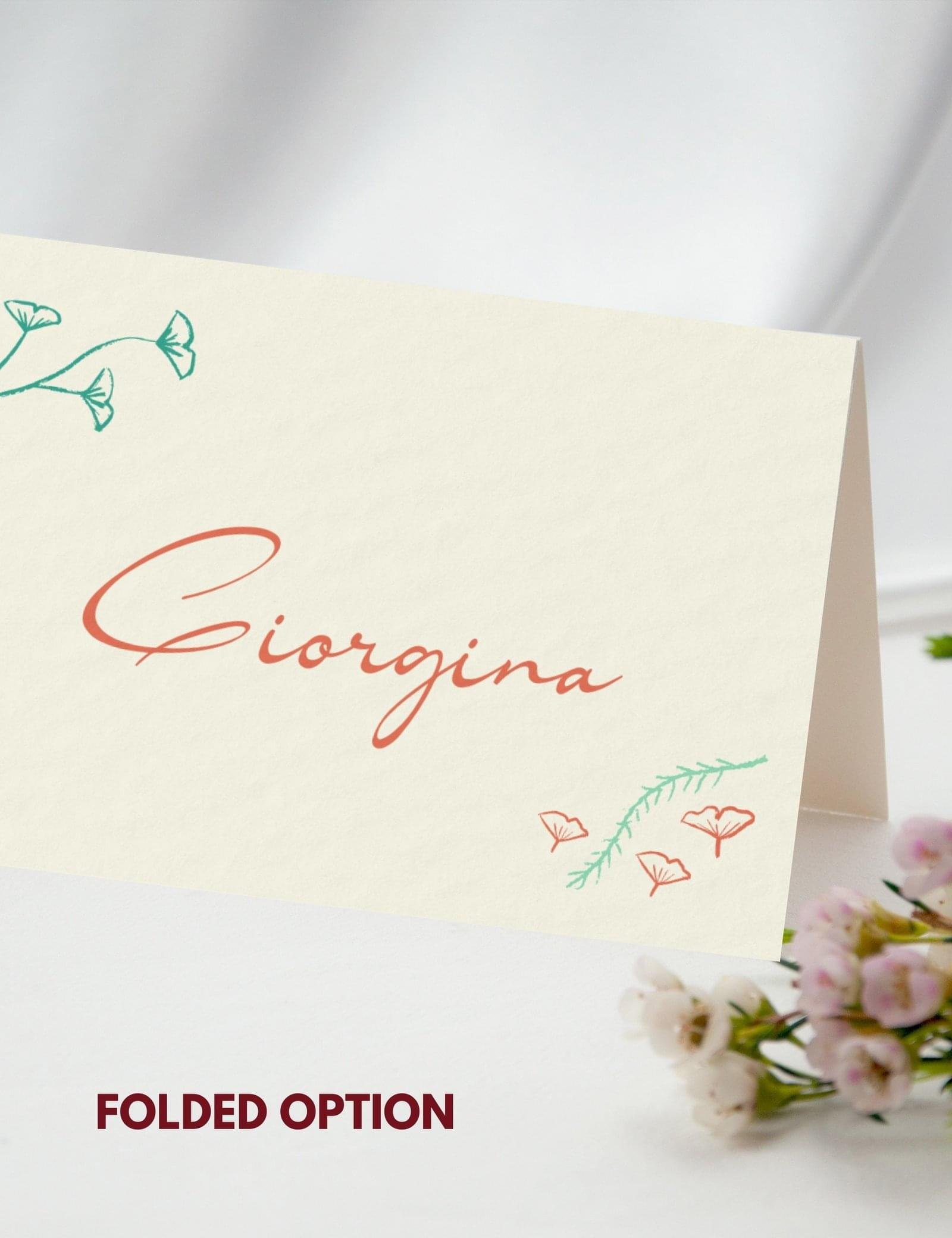 hand drawn vintage ginkgo illustration whimsical folded place card template set by munikoz