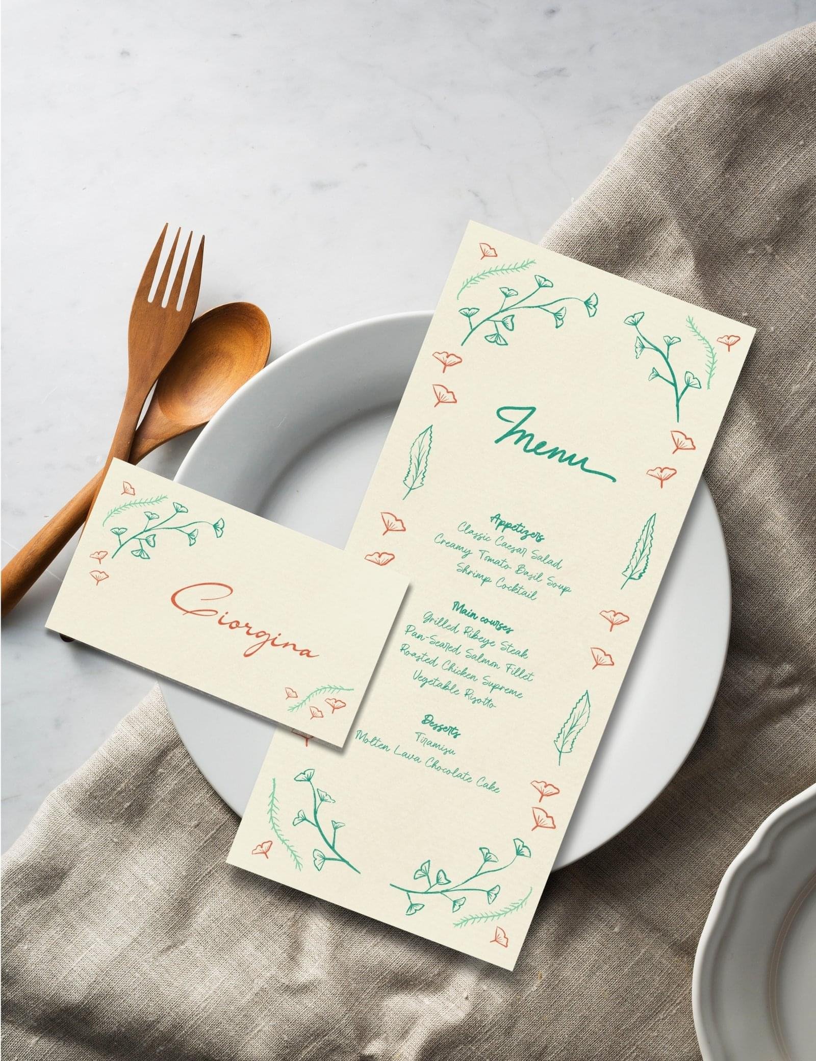 hand drawn vintage ginkgo illustration whimsical long menu and place card template set by munikoz
