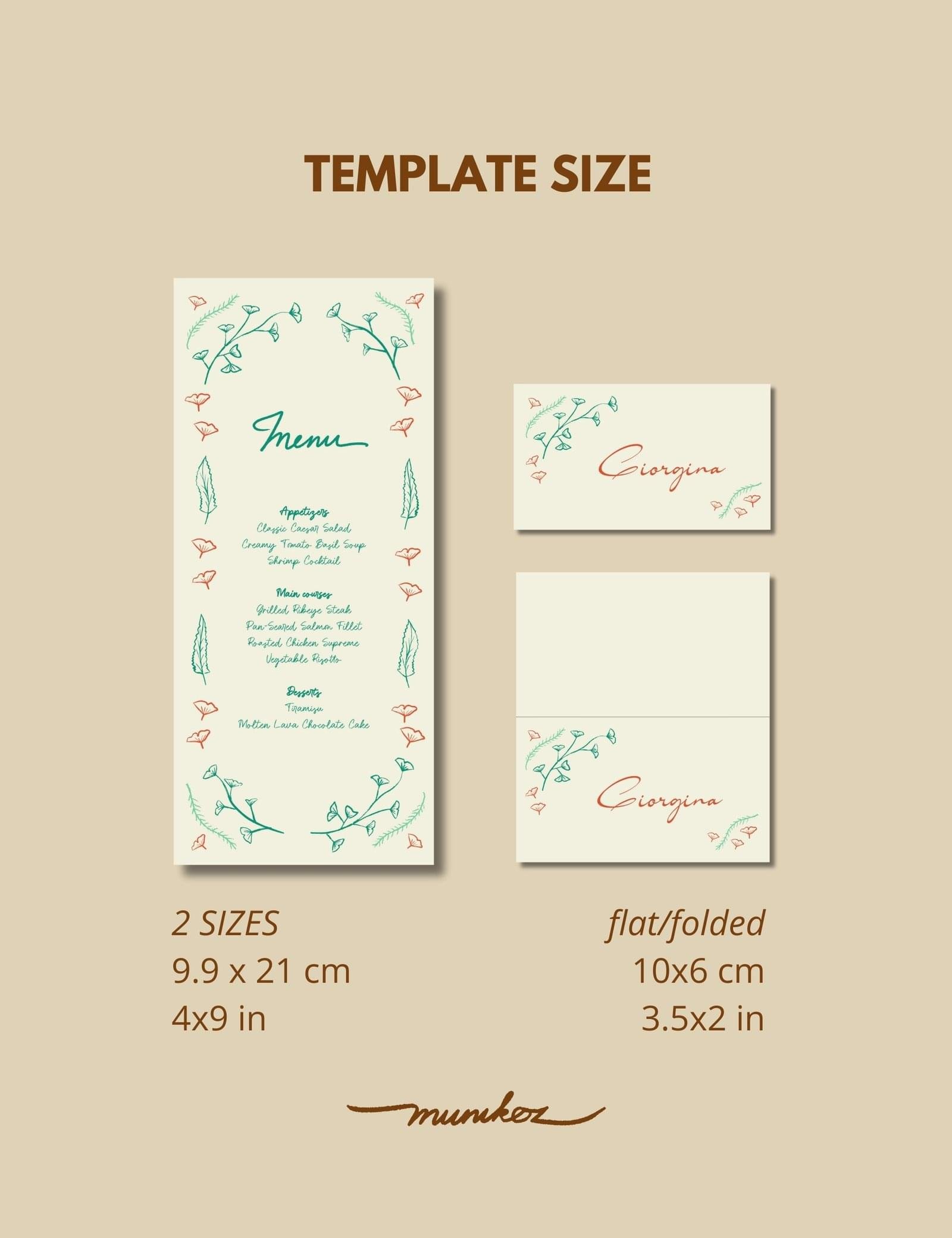 hand drawn vintage ginkgo illustration whimsical long menu and place card template set by munikoz