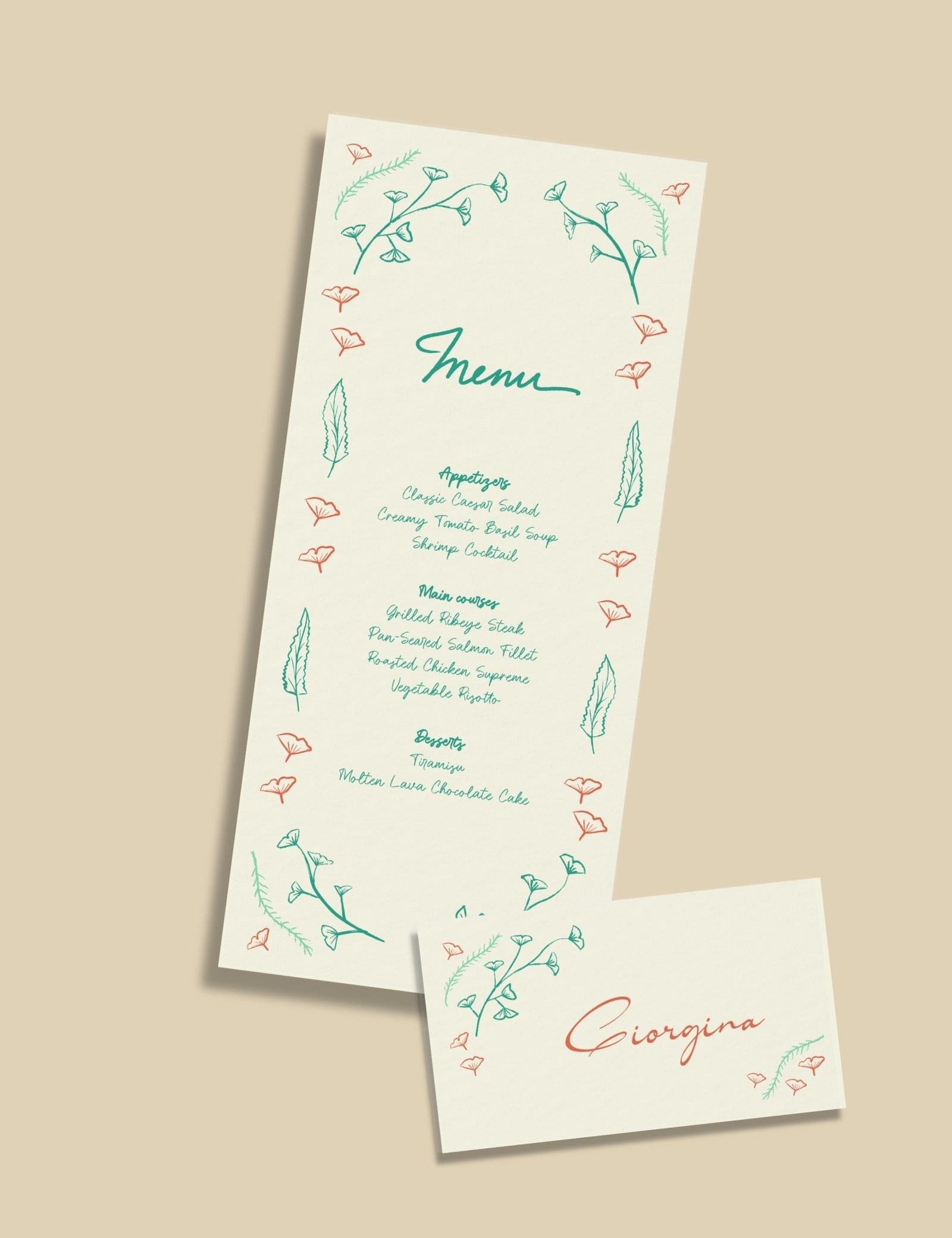 hand drawn vintage ginkgo illustration whimsical long menu and place card template set by munikoz