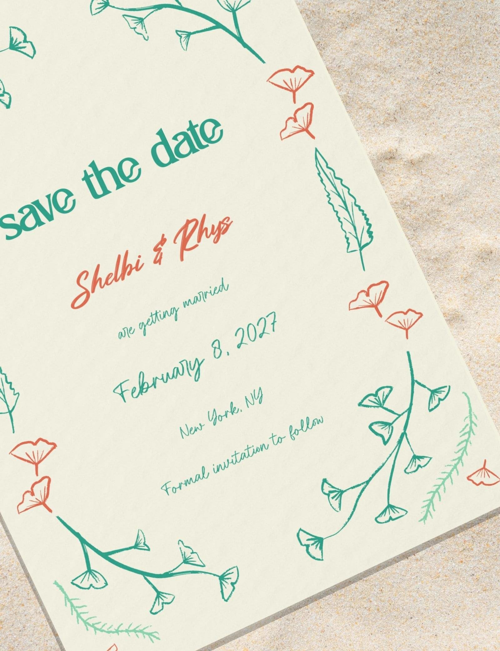 hand drawn vintage ginkgo illustration whimsical save the date card template set by munikoz