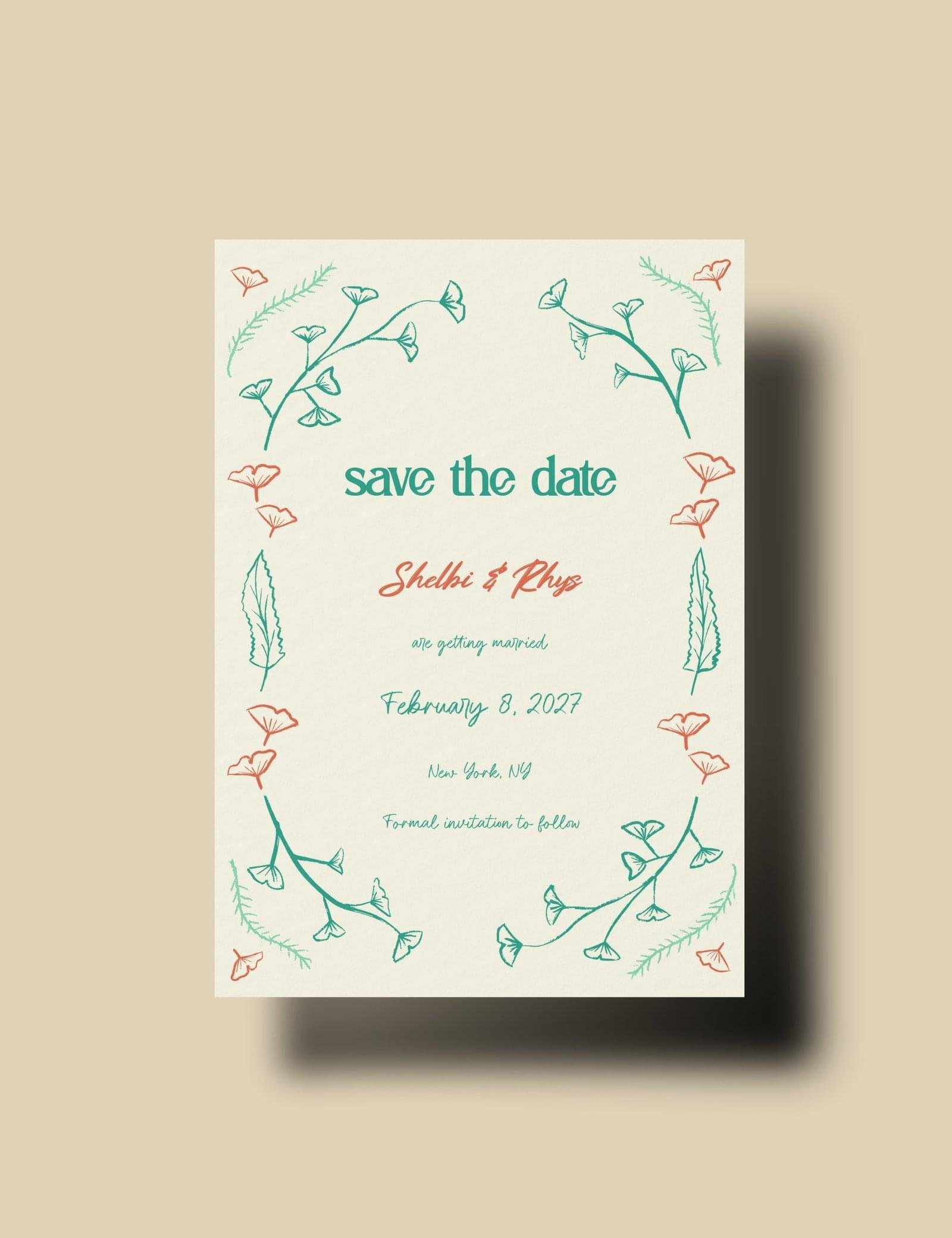 hand drawn vintage ginkgo illustration whimsical save the date card template set by munikoz