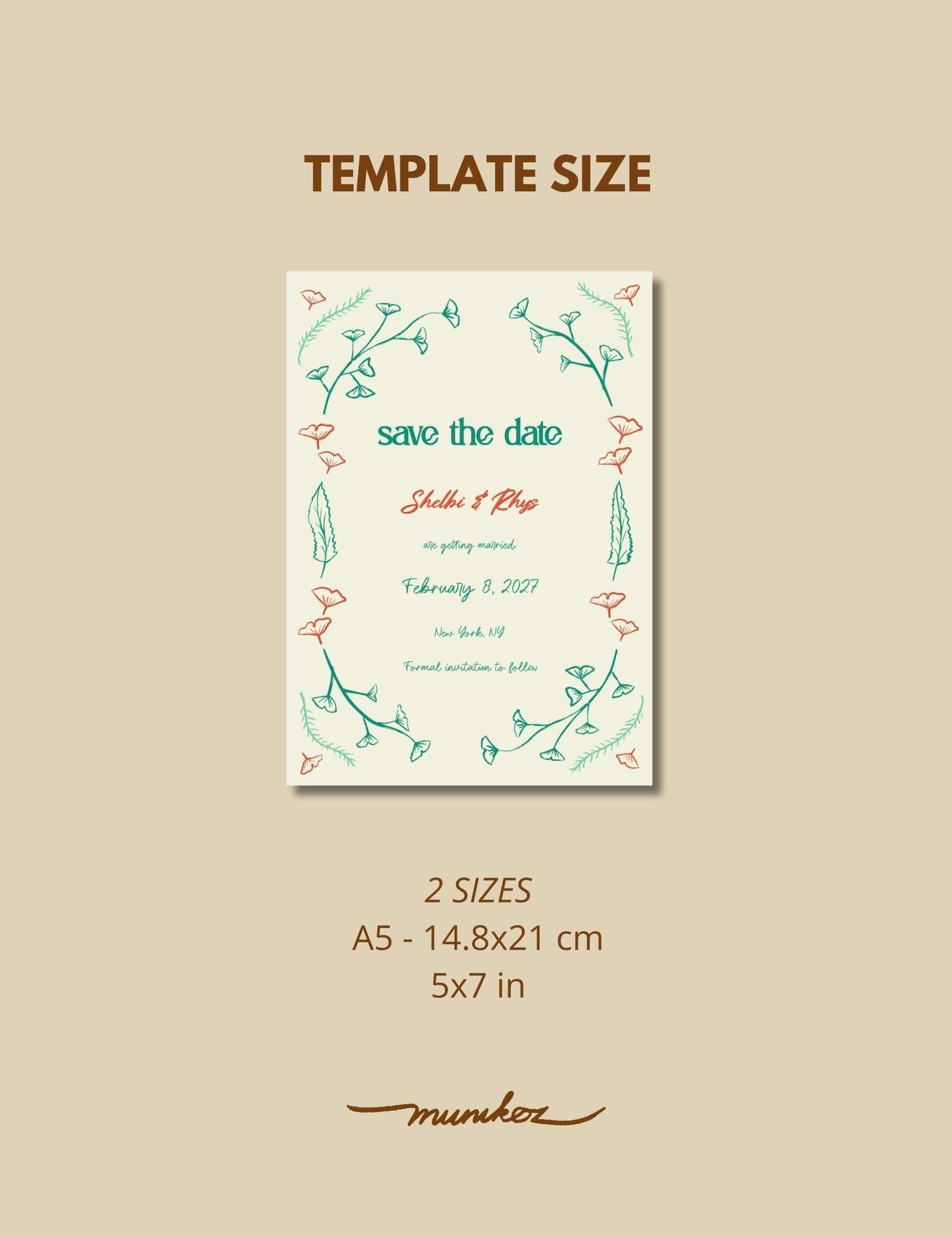hand drawn vintage ginkgo illustration whimsical save the date card template set by munikoz