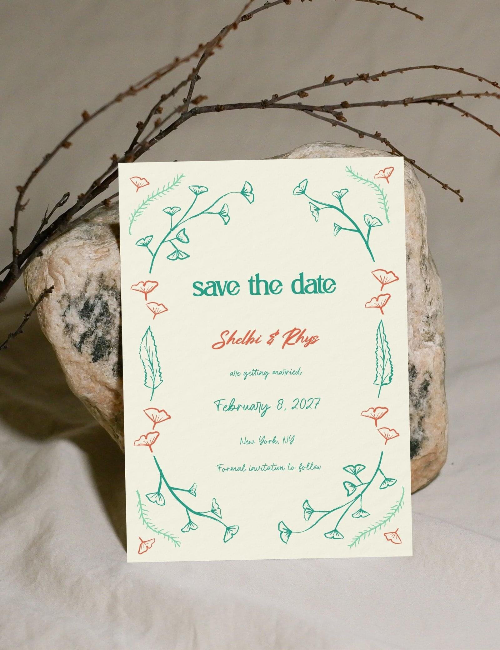 hand drawn vintage ginkgo illustration whimsical save the date card template set by munikoz