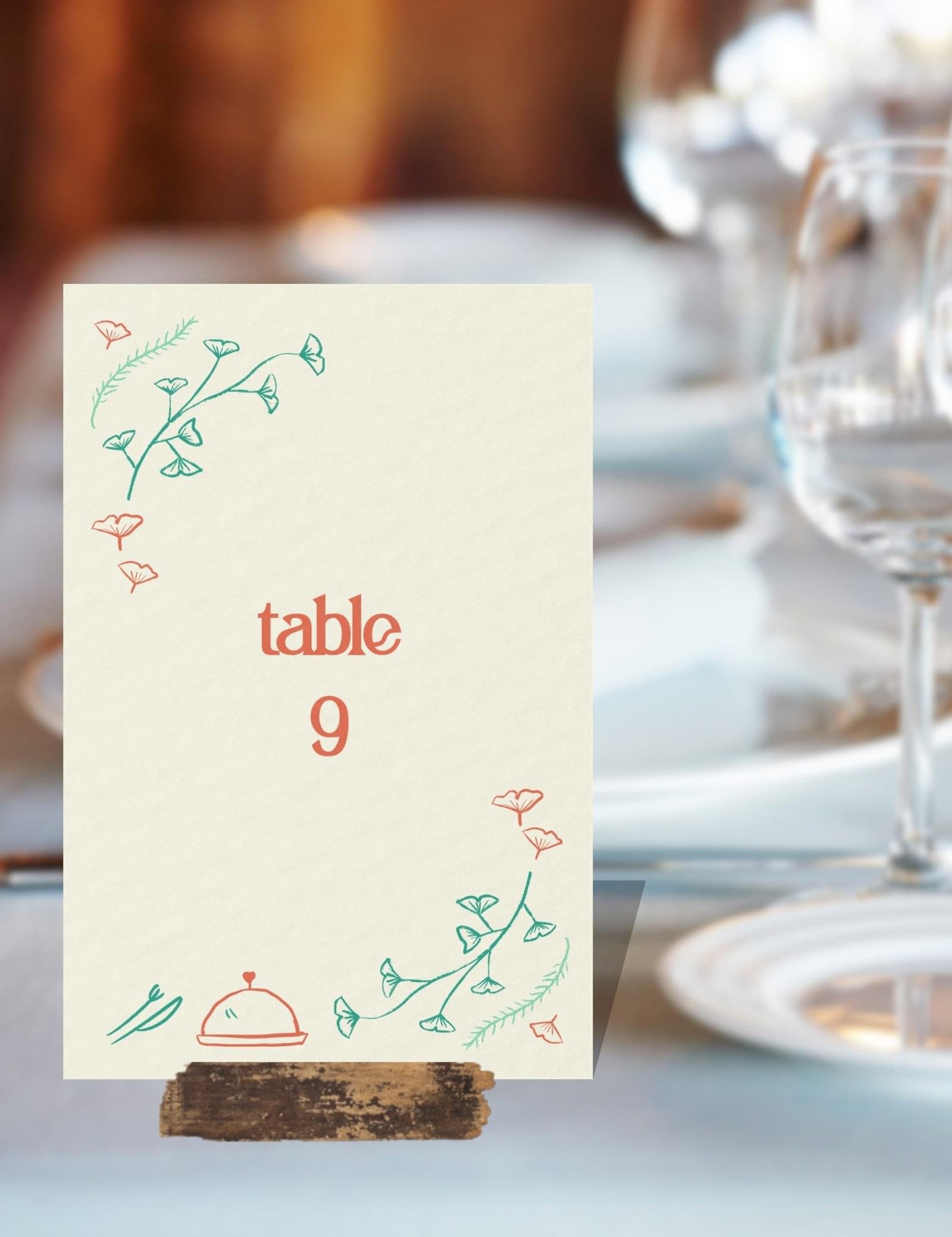 hand drawn vintage ginkgo illustration whimsical table number card template set by munikoz