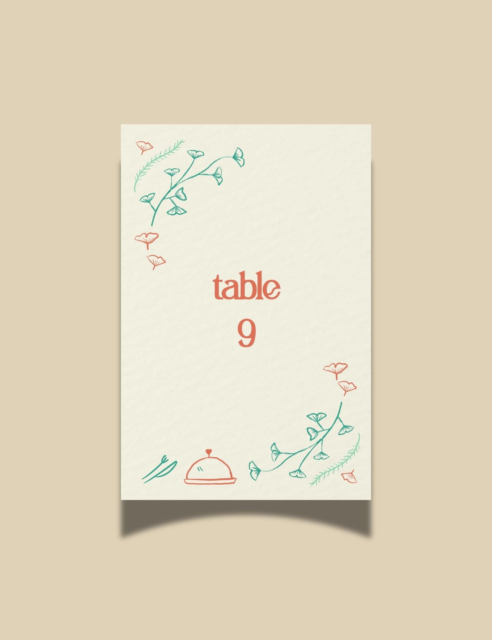 hand drawn vintage ginkgo illustration whimsical table number card template set by munikoz