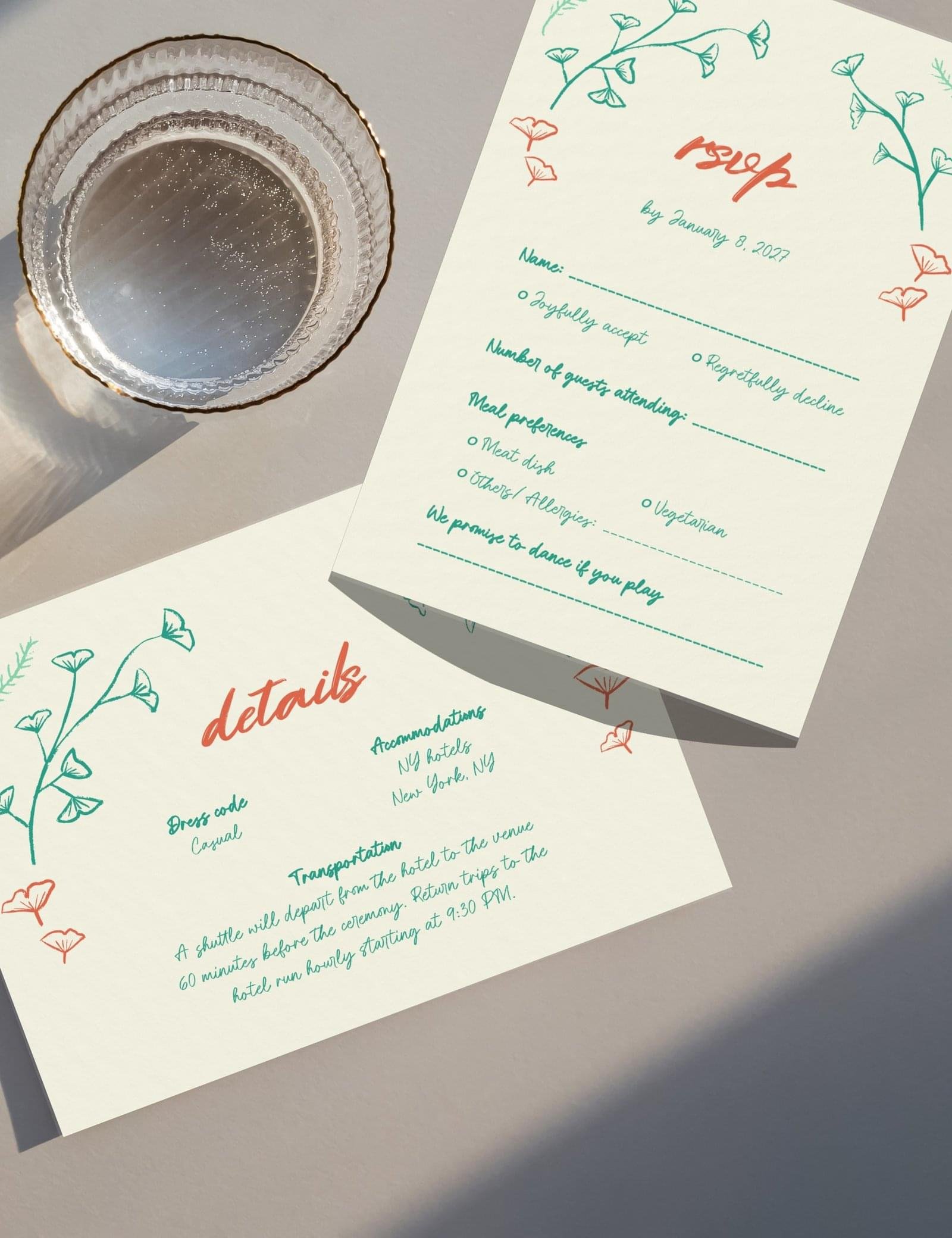 hand drawn vintage ginkgo illustration wedding invitation template set by munikoz