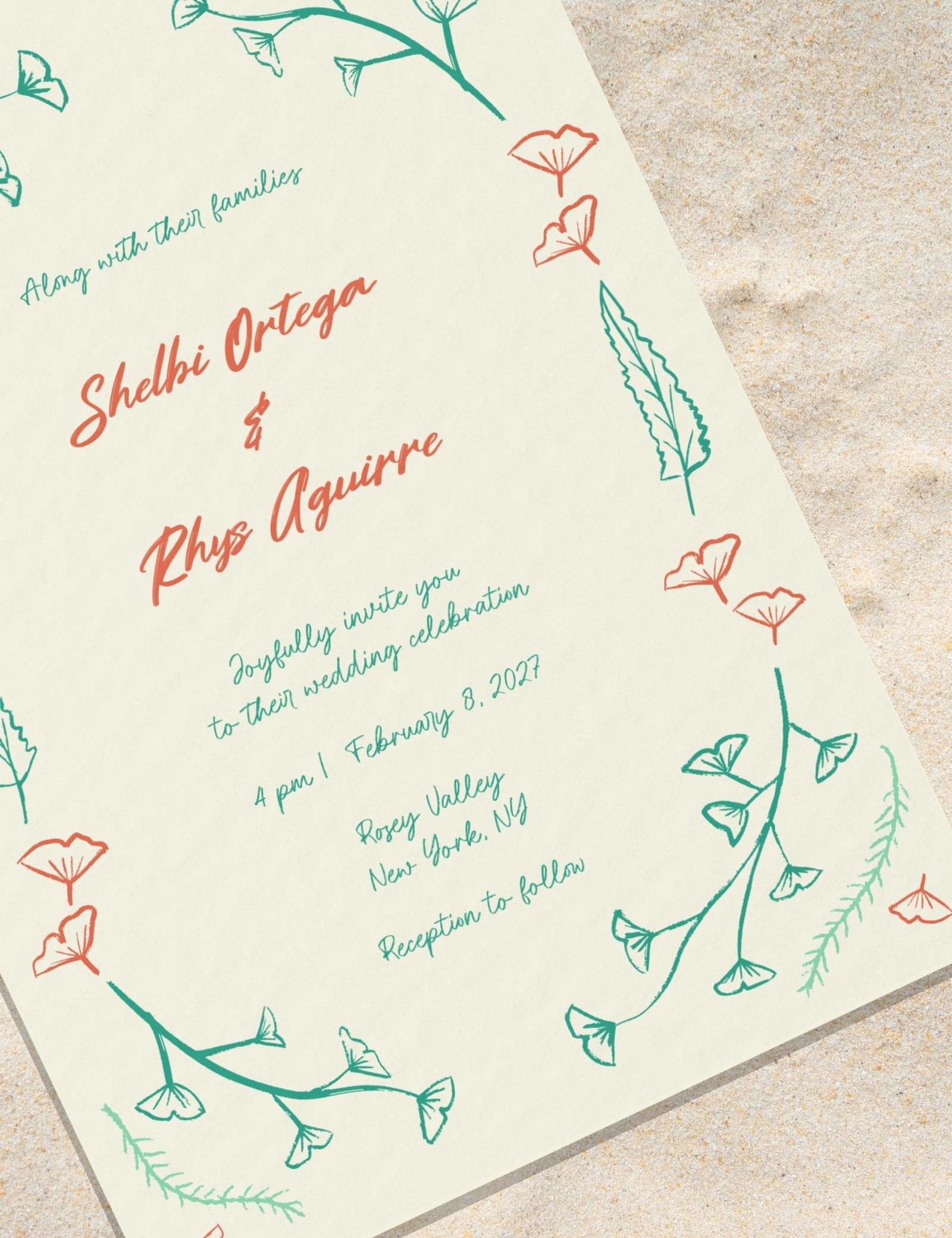 hand drawn vintage ginkgo illustration wedding invitation template set by munikoz
