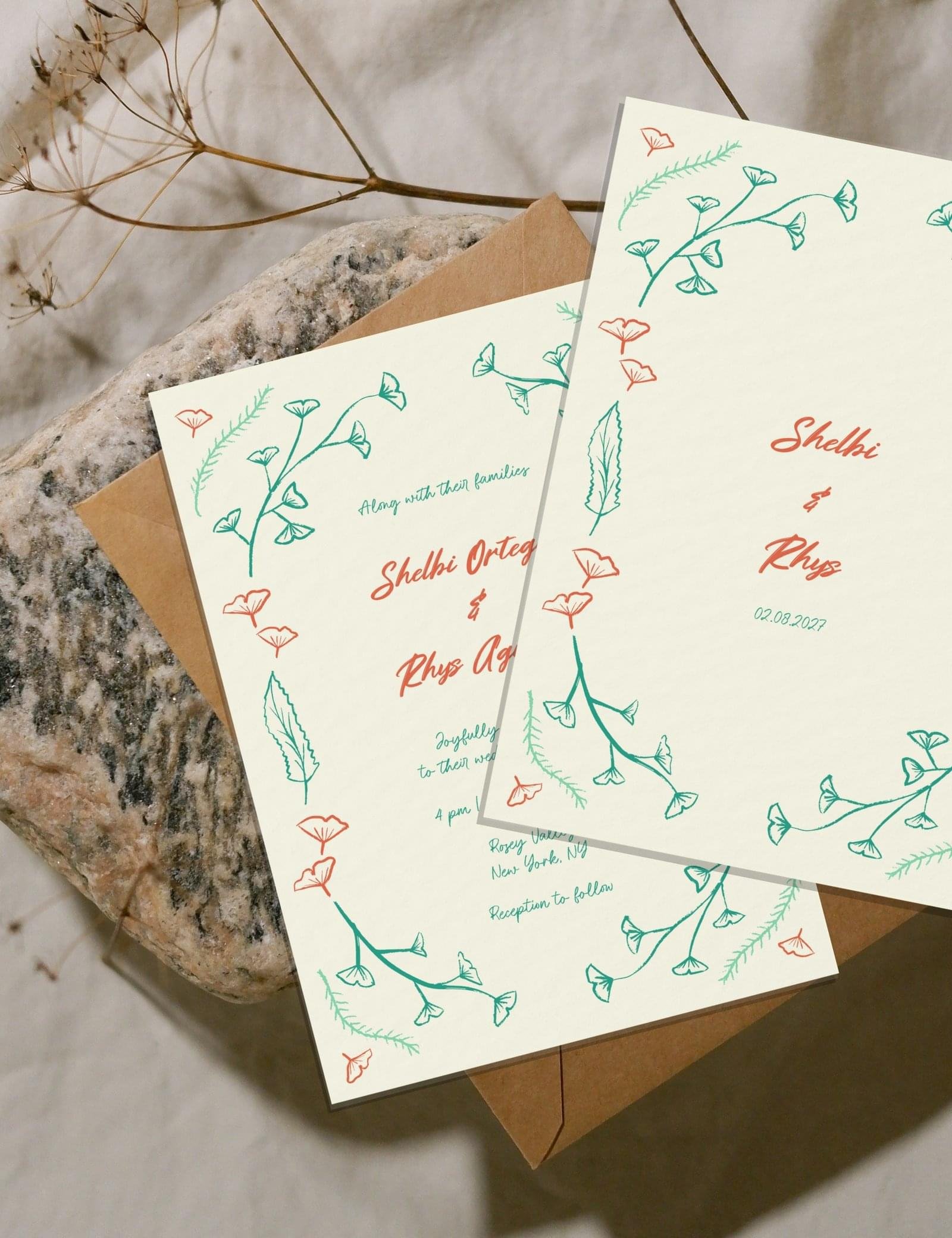 hand drawn vintage ginkgo illustration wedding invitation template set by munikoz