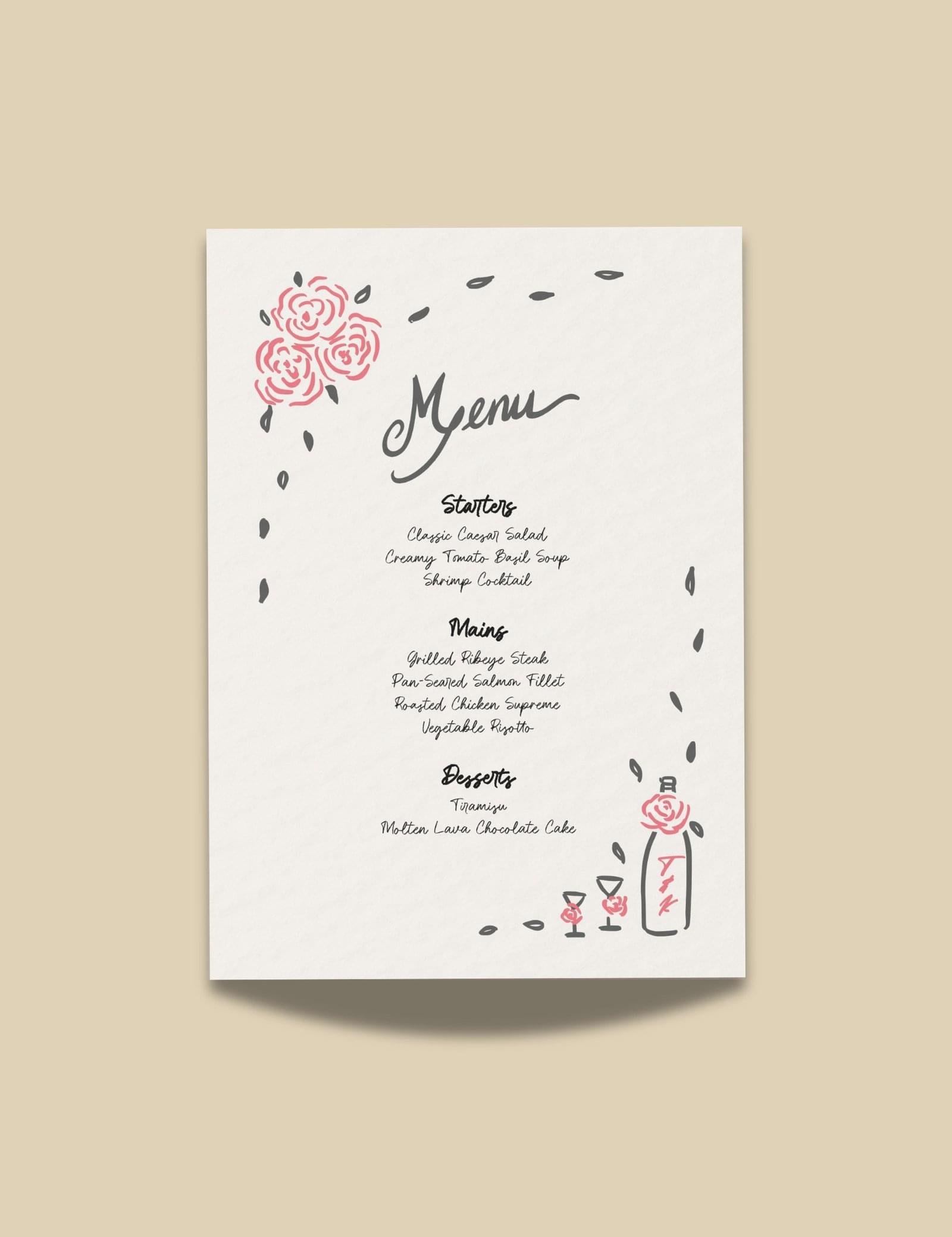 whimsical hand drawn rose vine frame menu card template by munikoz