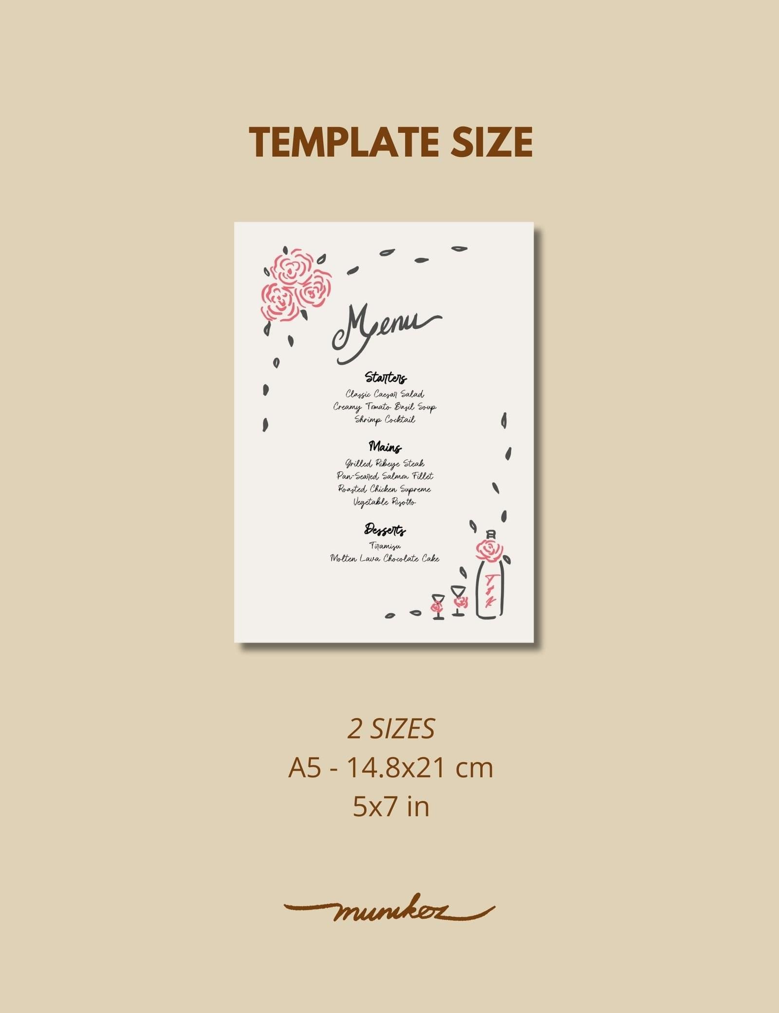 whimsical hand drawn rose vine frame menu card template by munikoz